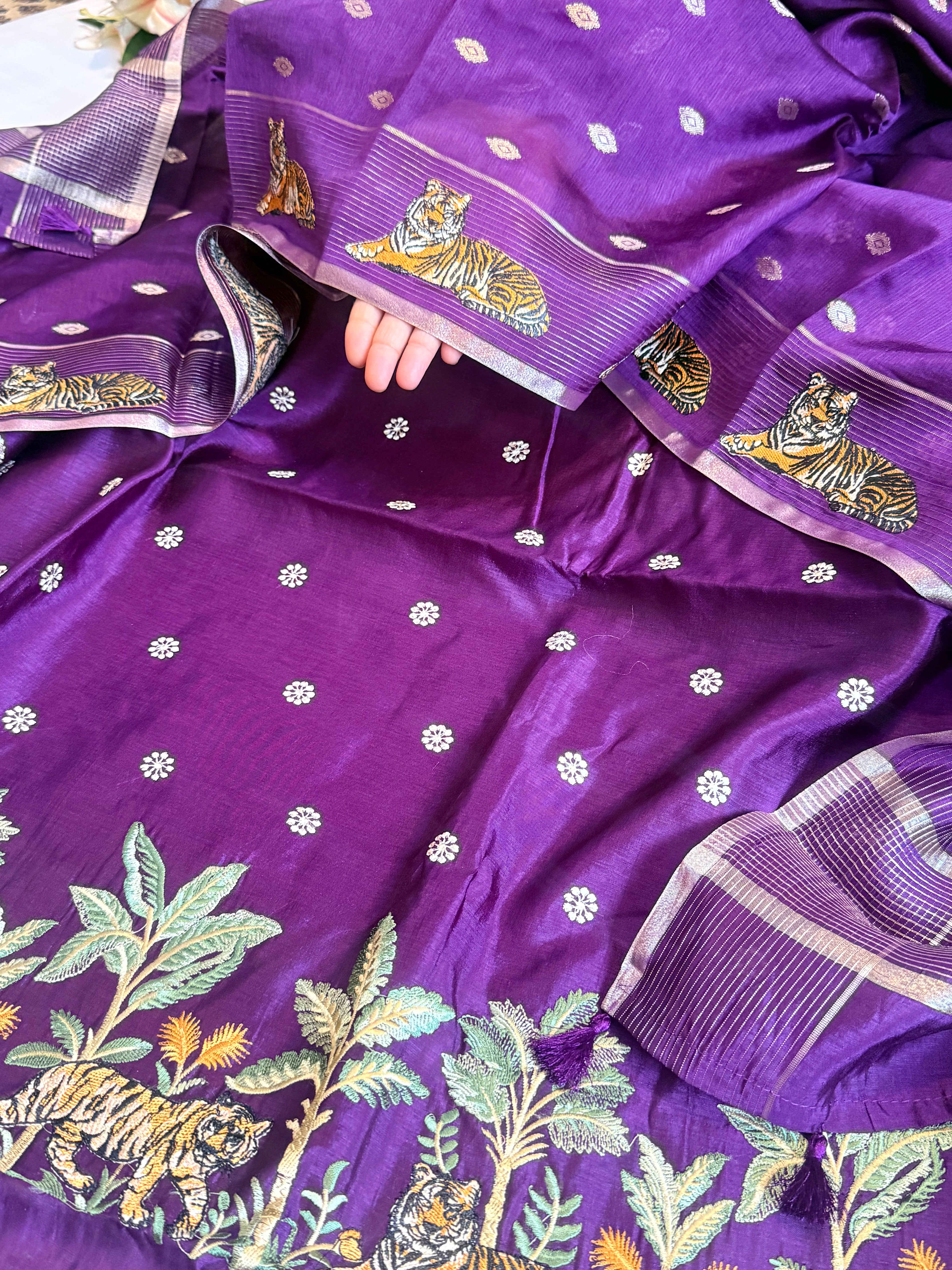 Chiniya silk tiger motif parsi gara weaving hand embroidered suit set