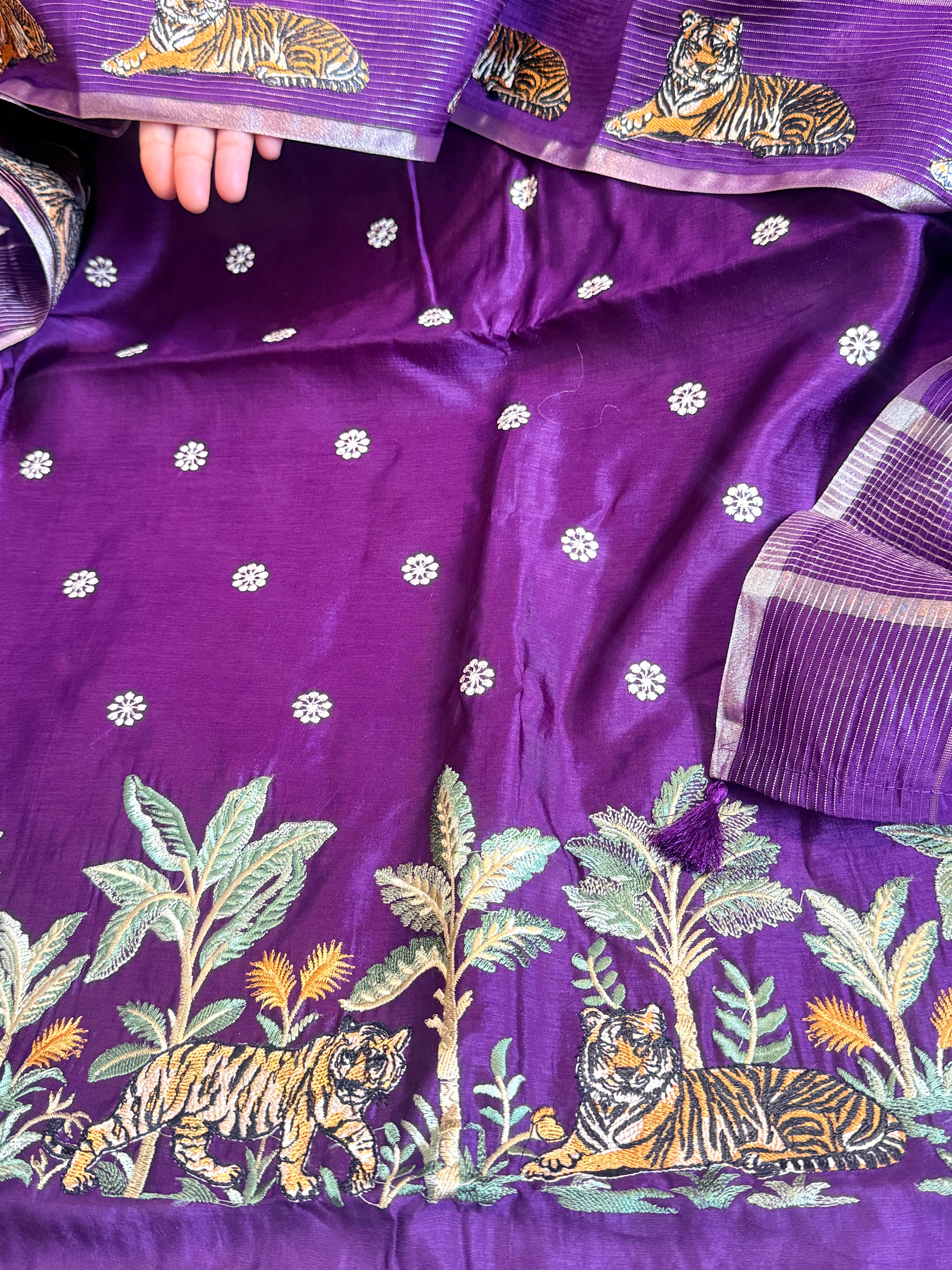 Chiniya silk tiger motif parsi gara weaving hand embroidered suit set