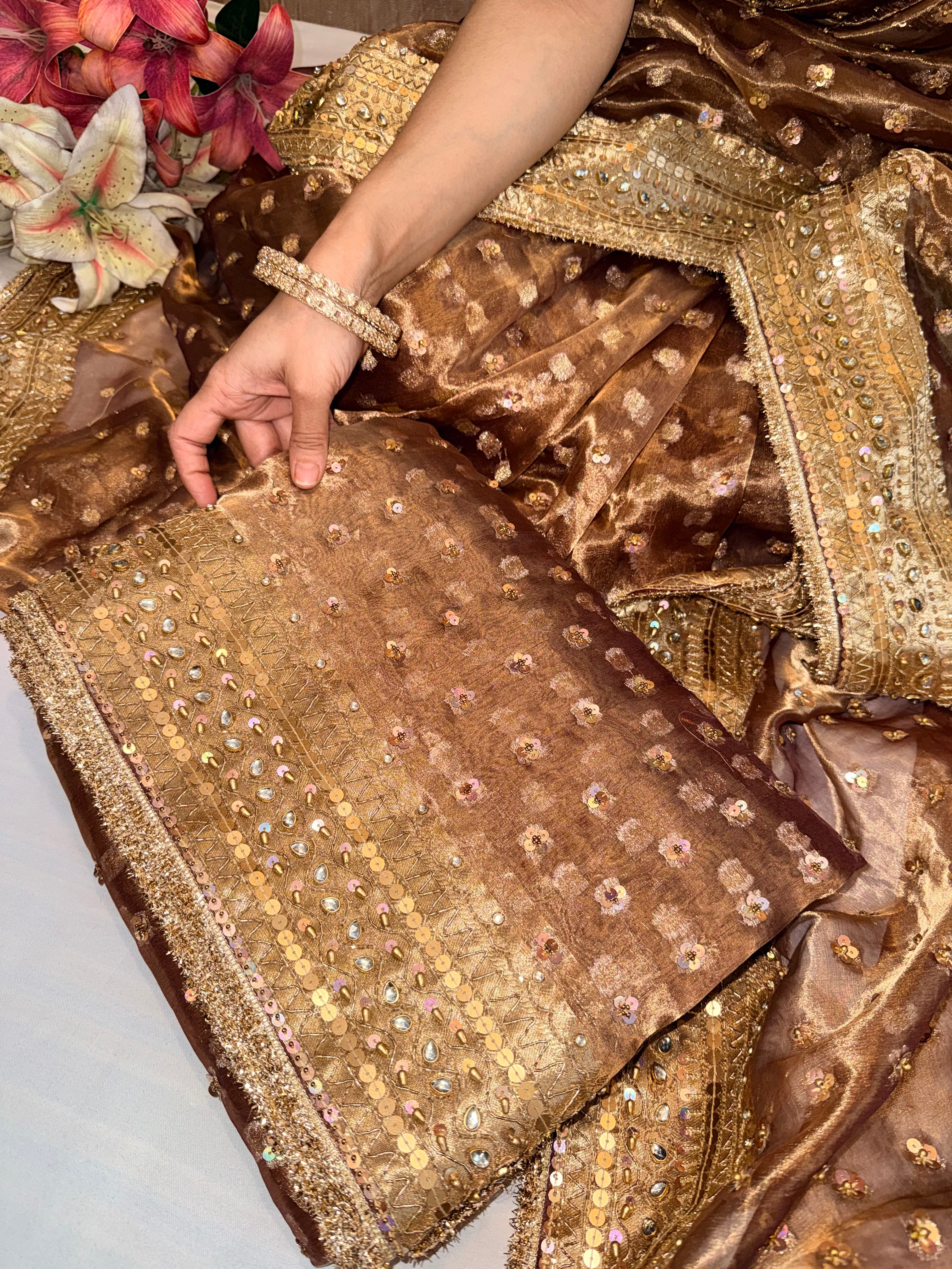 Rose brown chunri buti edit tissue silk hand embroidered saree