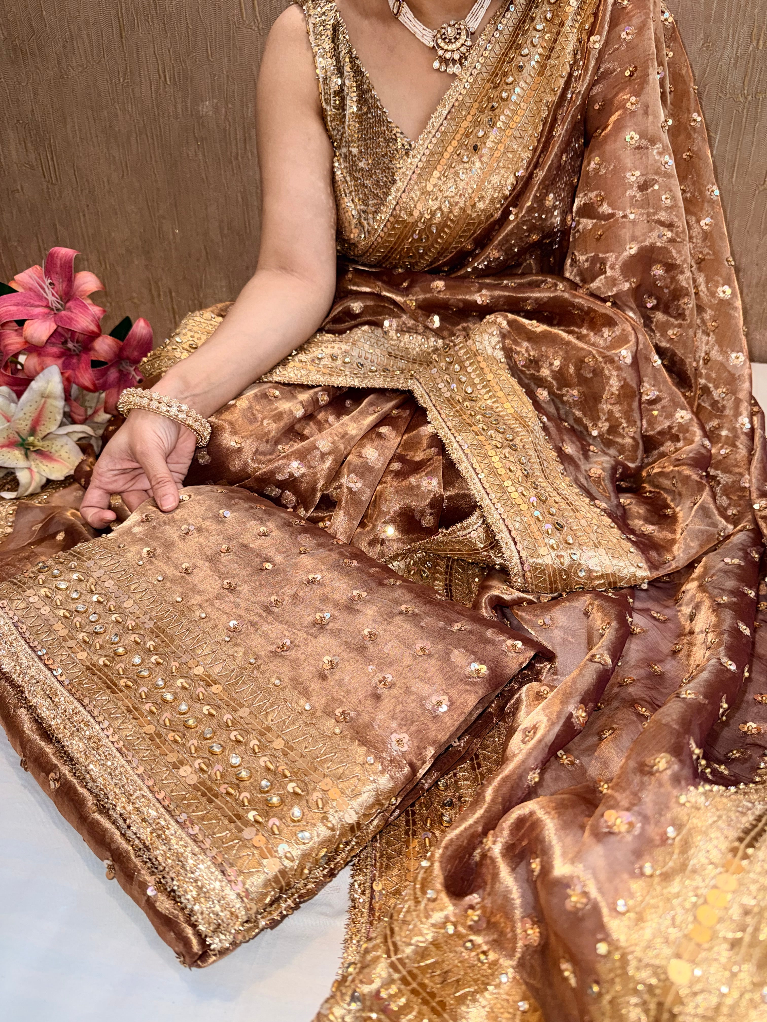 Rose brown chunri buti edit tissue silk hand embroidered saree