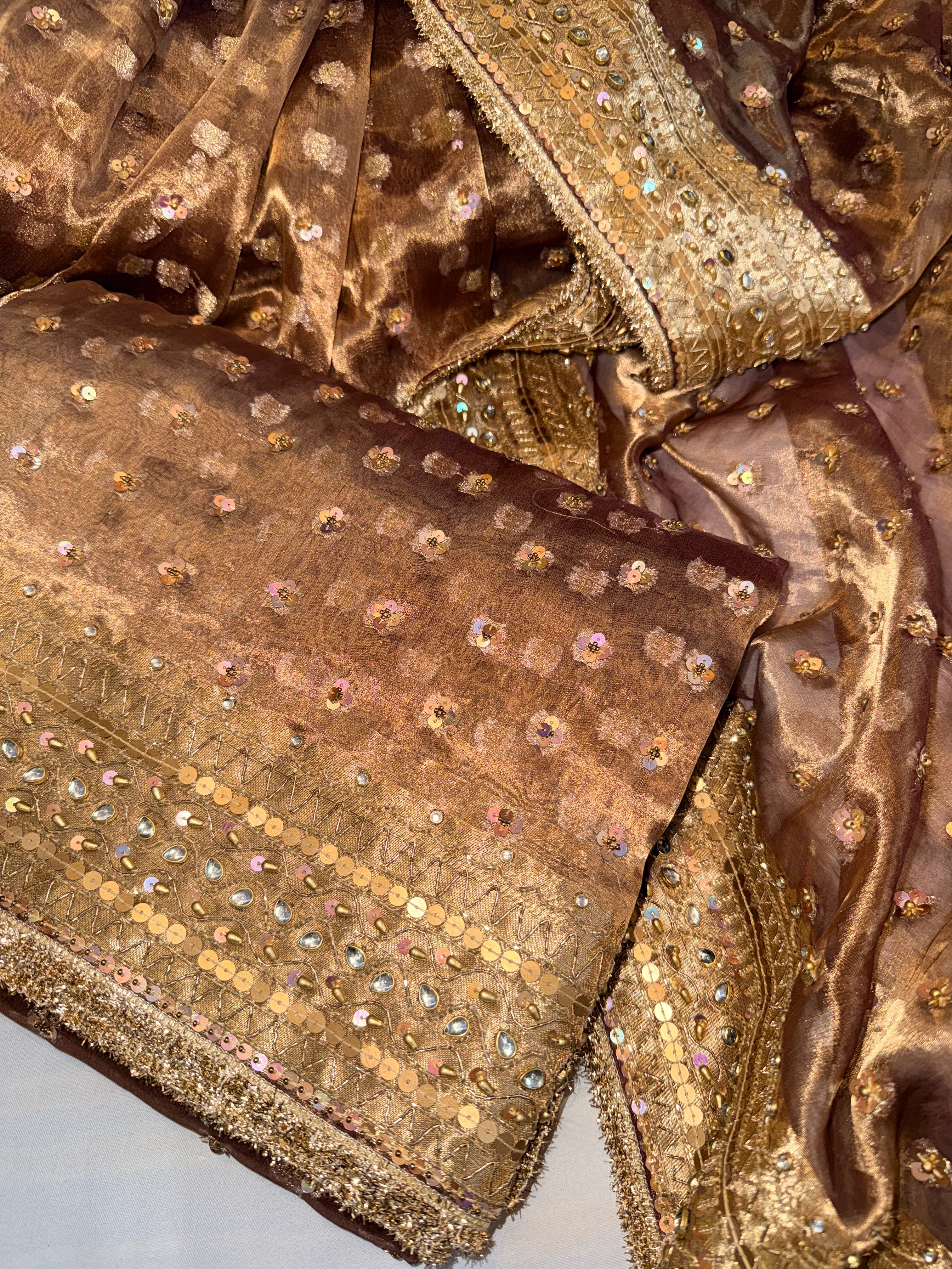Rose brown chunri buti edit tissue silk hand embroidered saree