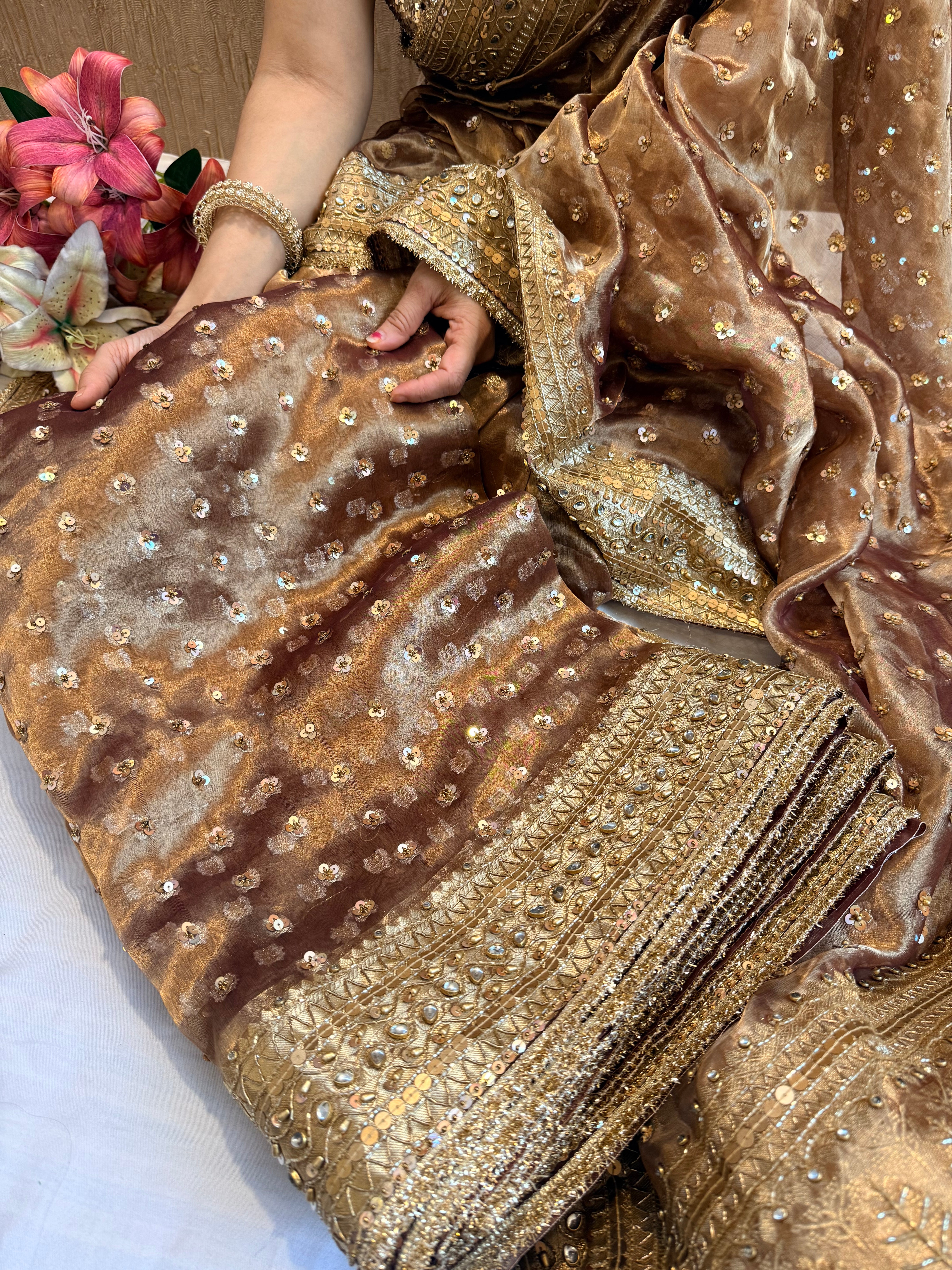 Rose brown chunri buti edit tissue silk hand embroidered saree