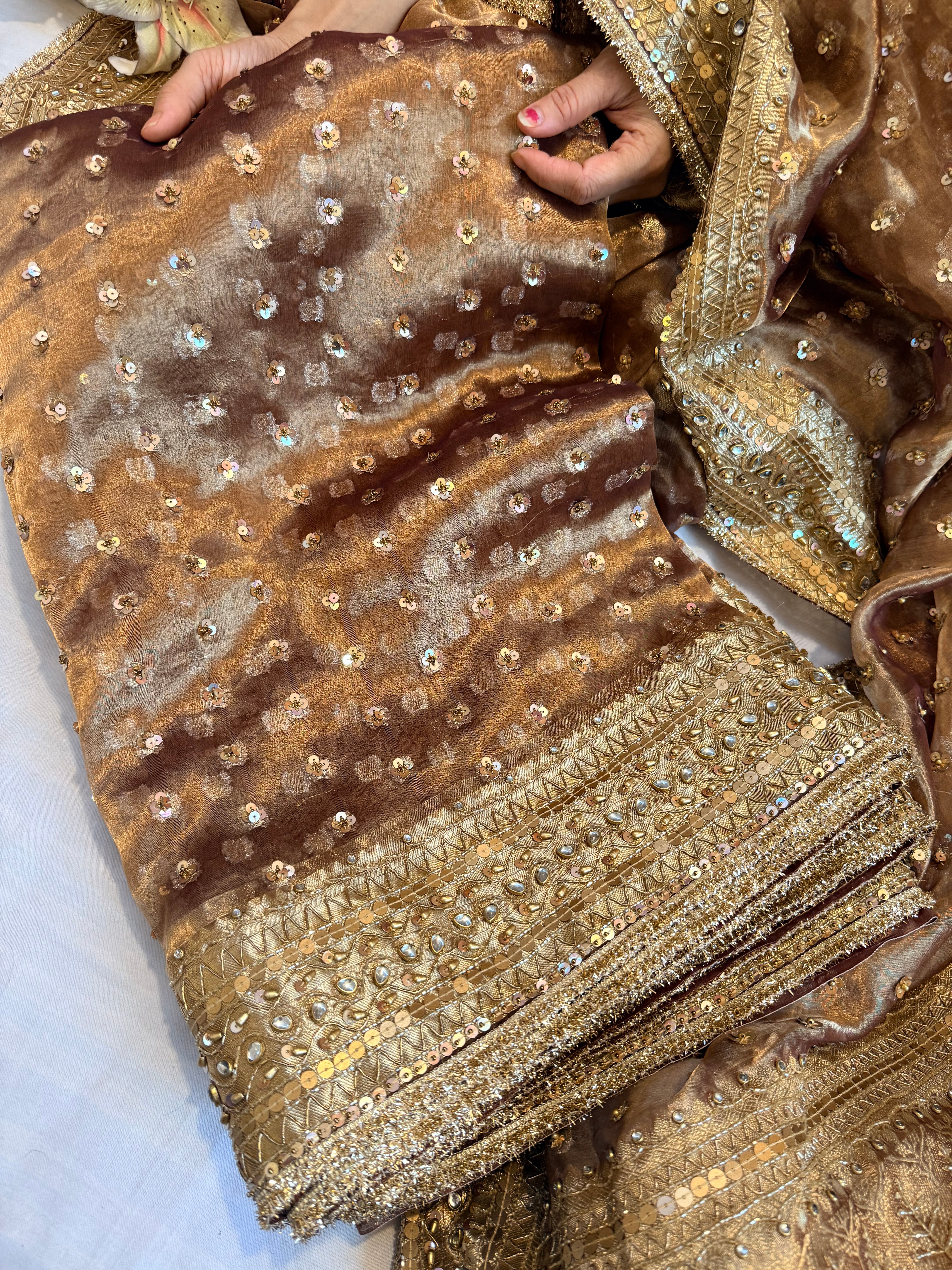 Rose brown chunri buti edit tissue silk hand embroidered saree