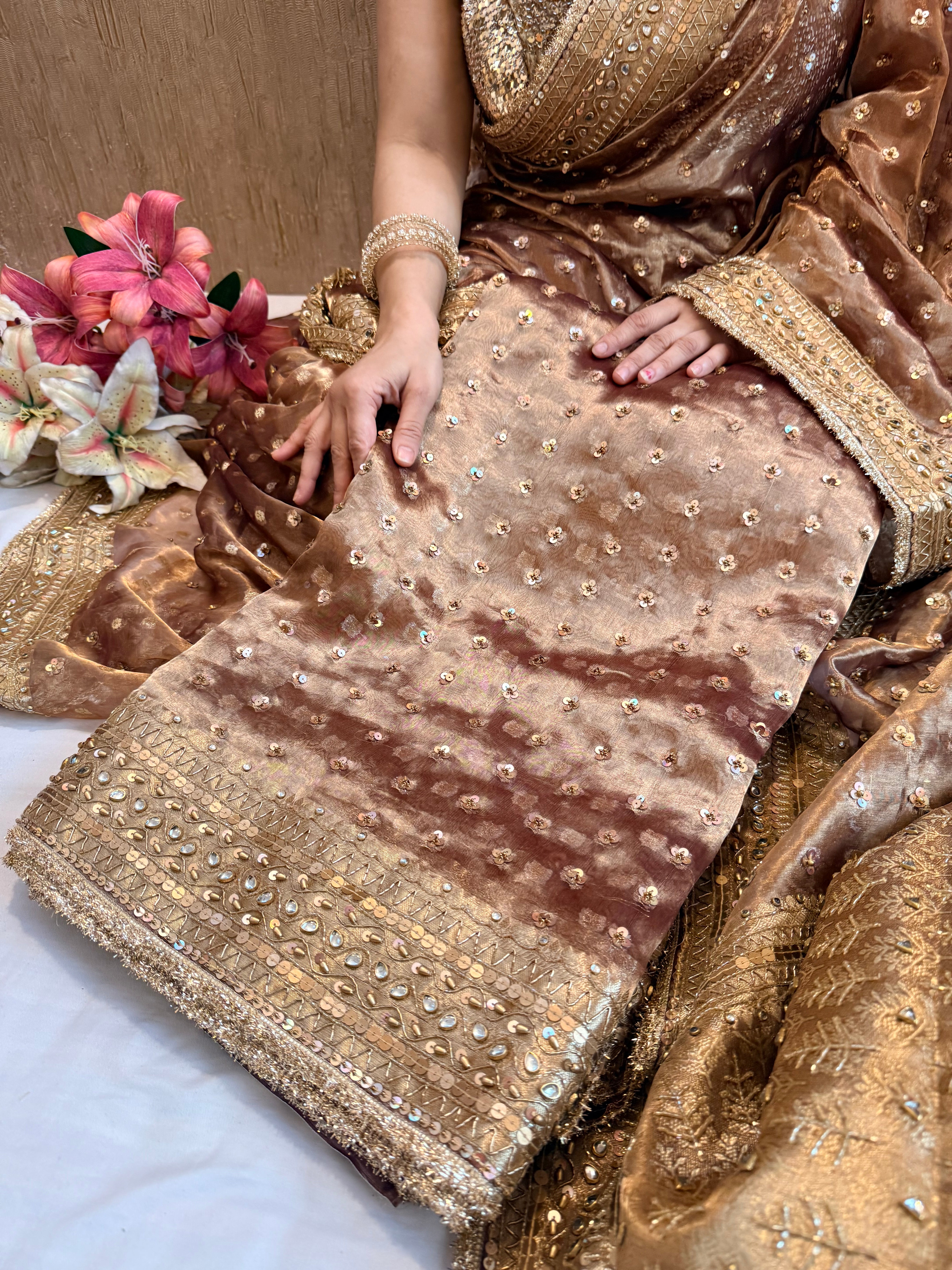Rose brown chunri buti edit tissue silk hand embroidered saree