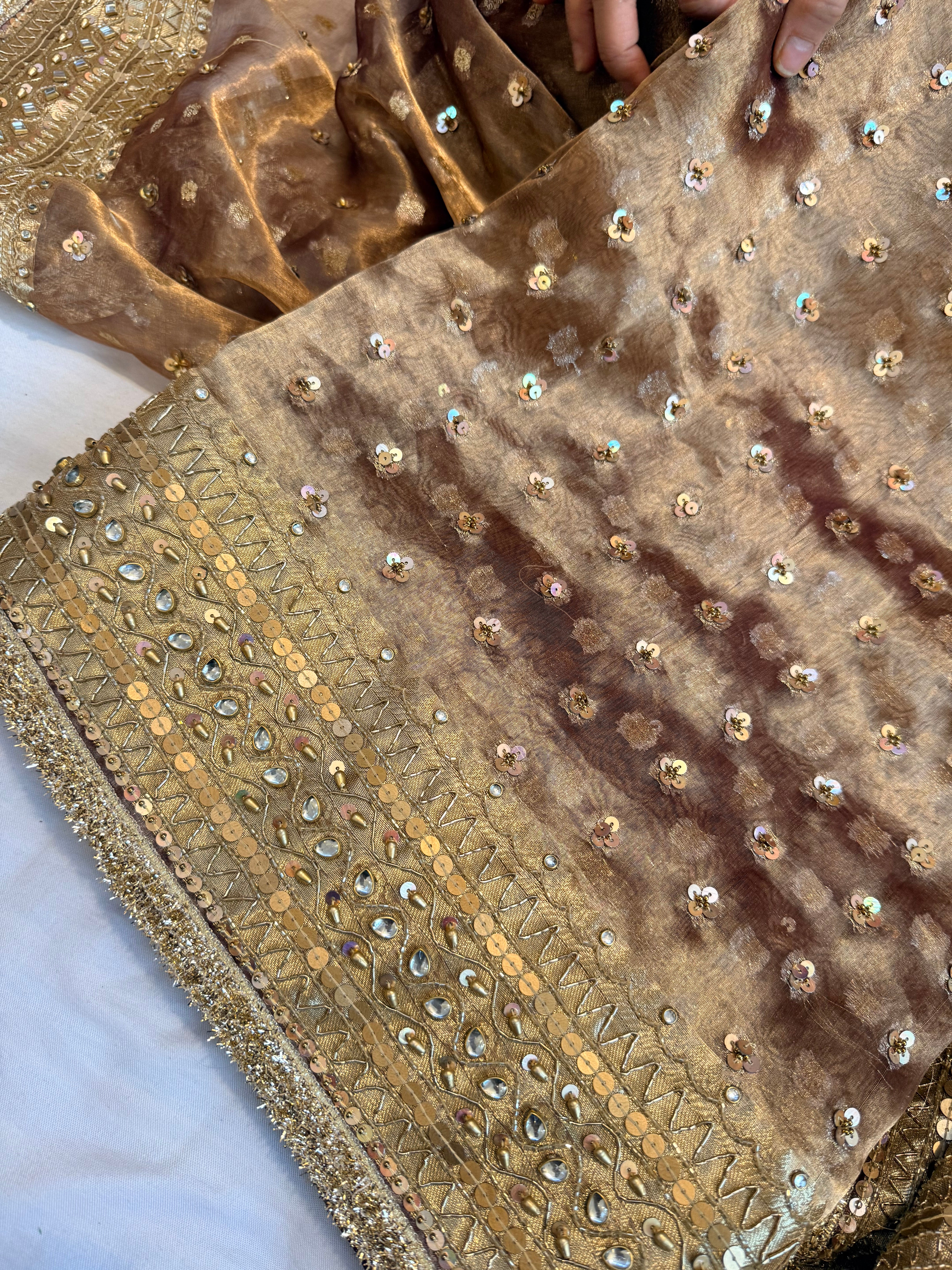 Rose brown chunri buti edit tissue silk hand embroidered saree