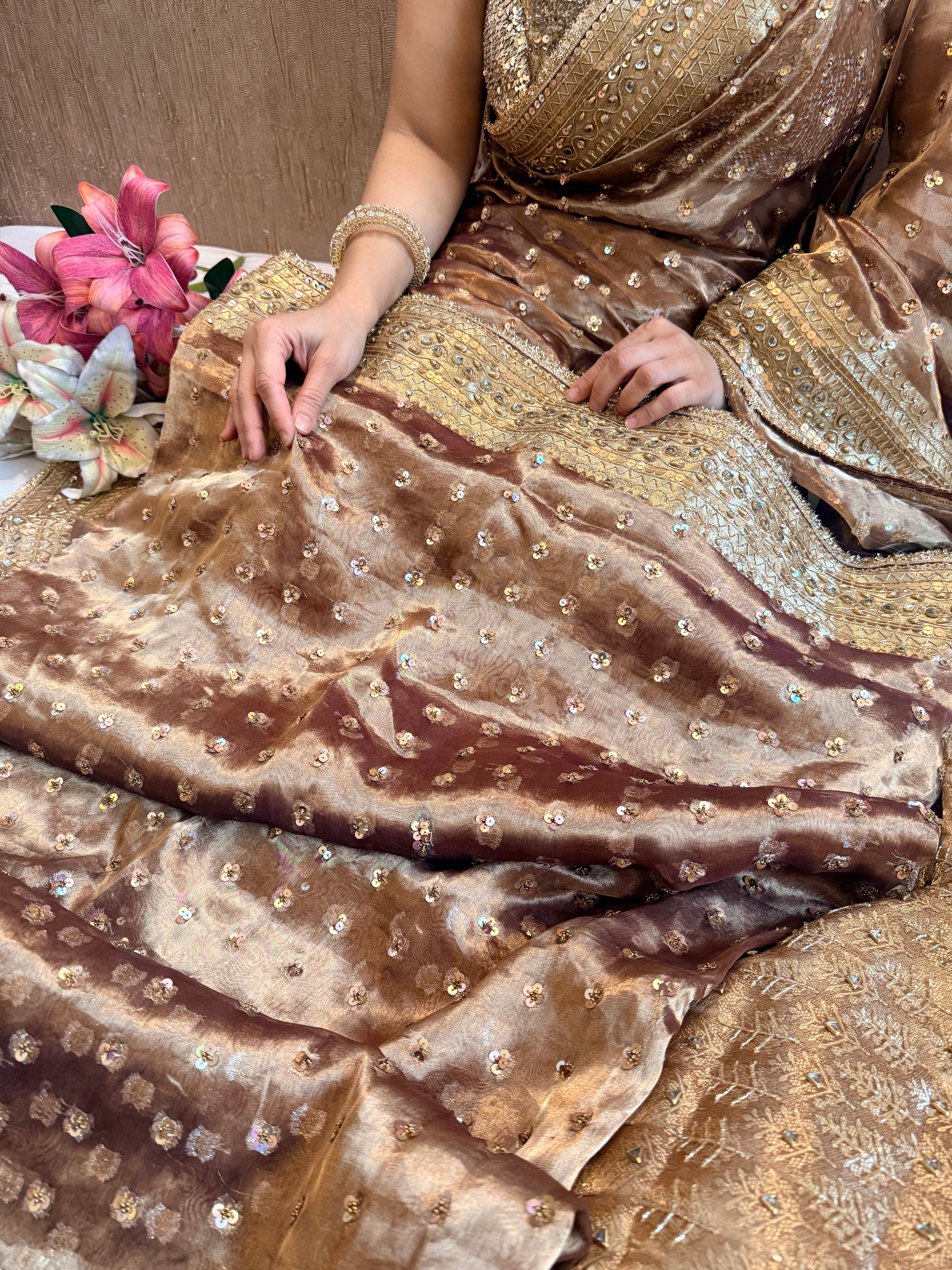 Rose brown chunri buti edit tissue silk hand embroidered saree