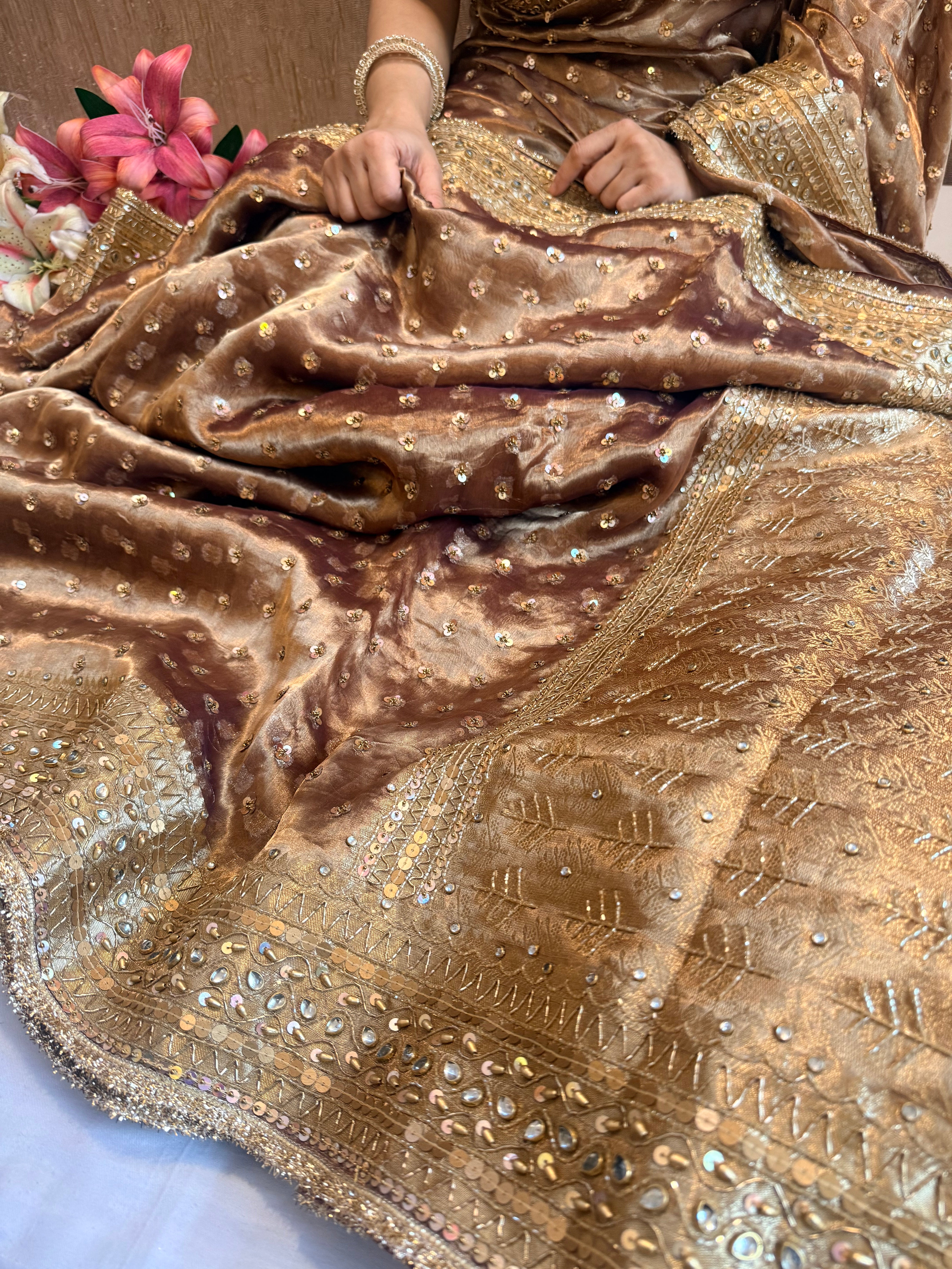 Rose brown chunri buti edit tissue silk hand embroidered saree