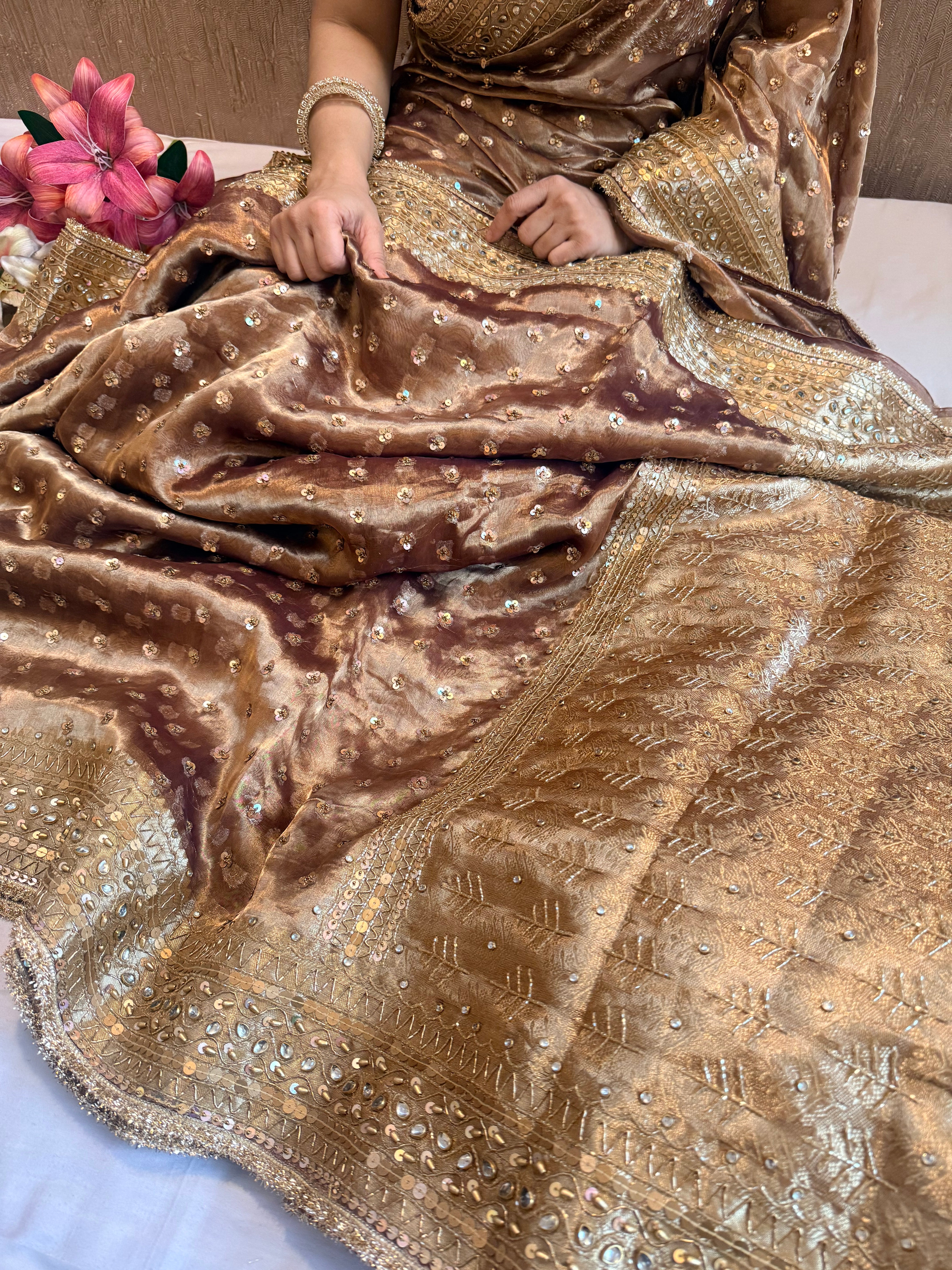 Rose brown chunri buti edit tissue silk hand embroidered saree