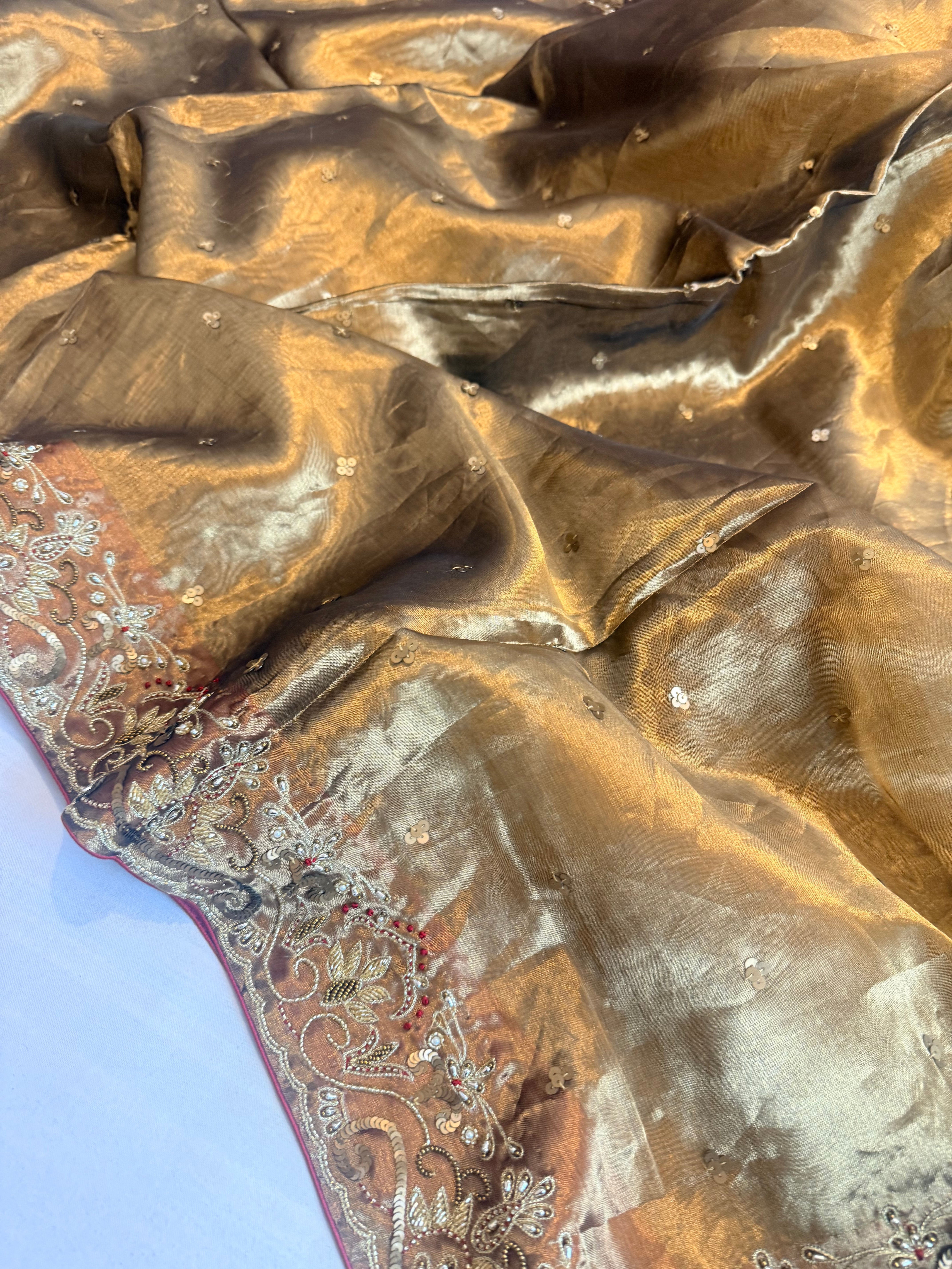 Molten gold tissue silk hand embroidered kadhwa weaving saree