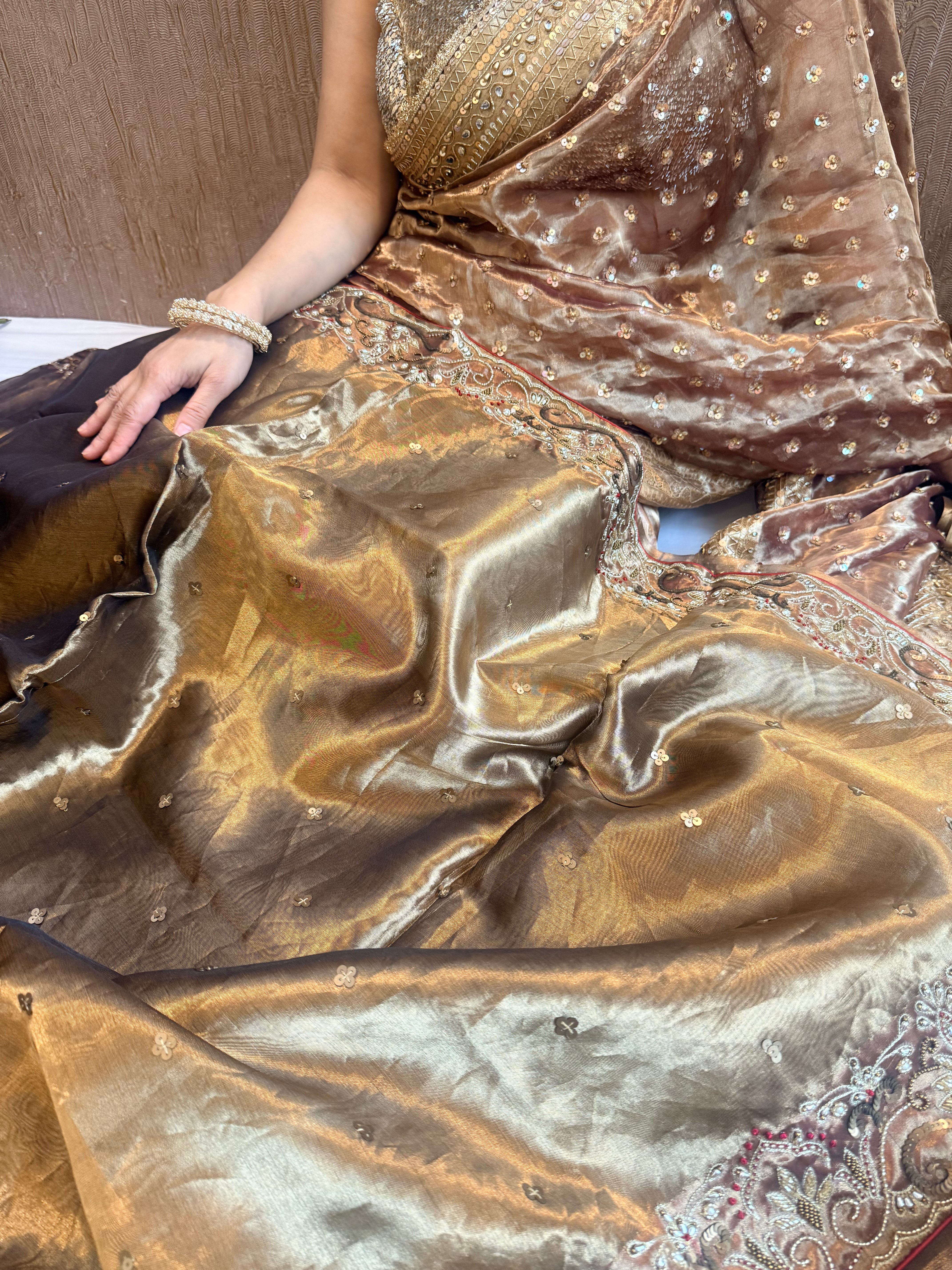 Molten gold tissue silk hand embroidered kadhwa weaving saree