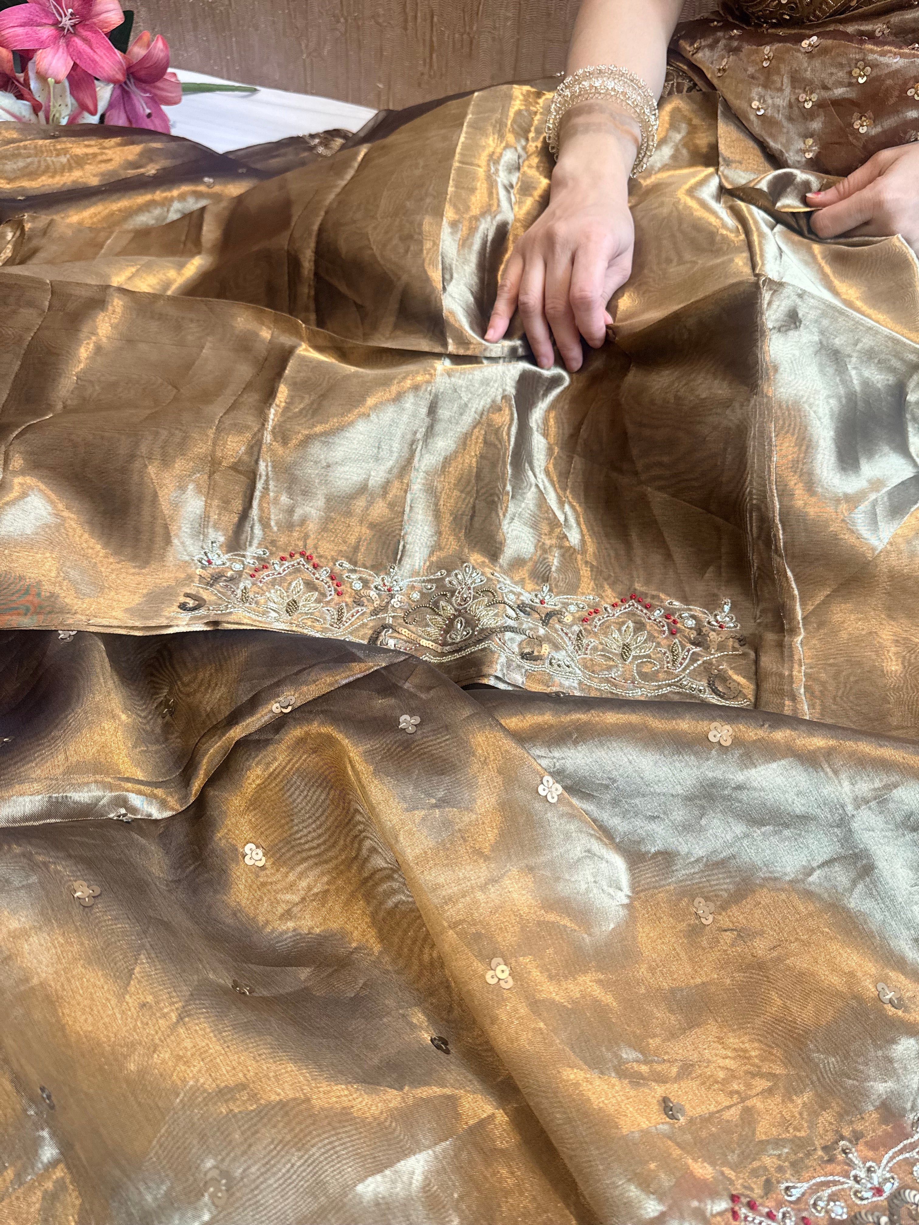 Molten gold tissue silk hand embroidered kadhwa weaving saree
