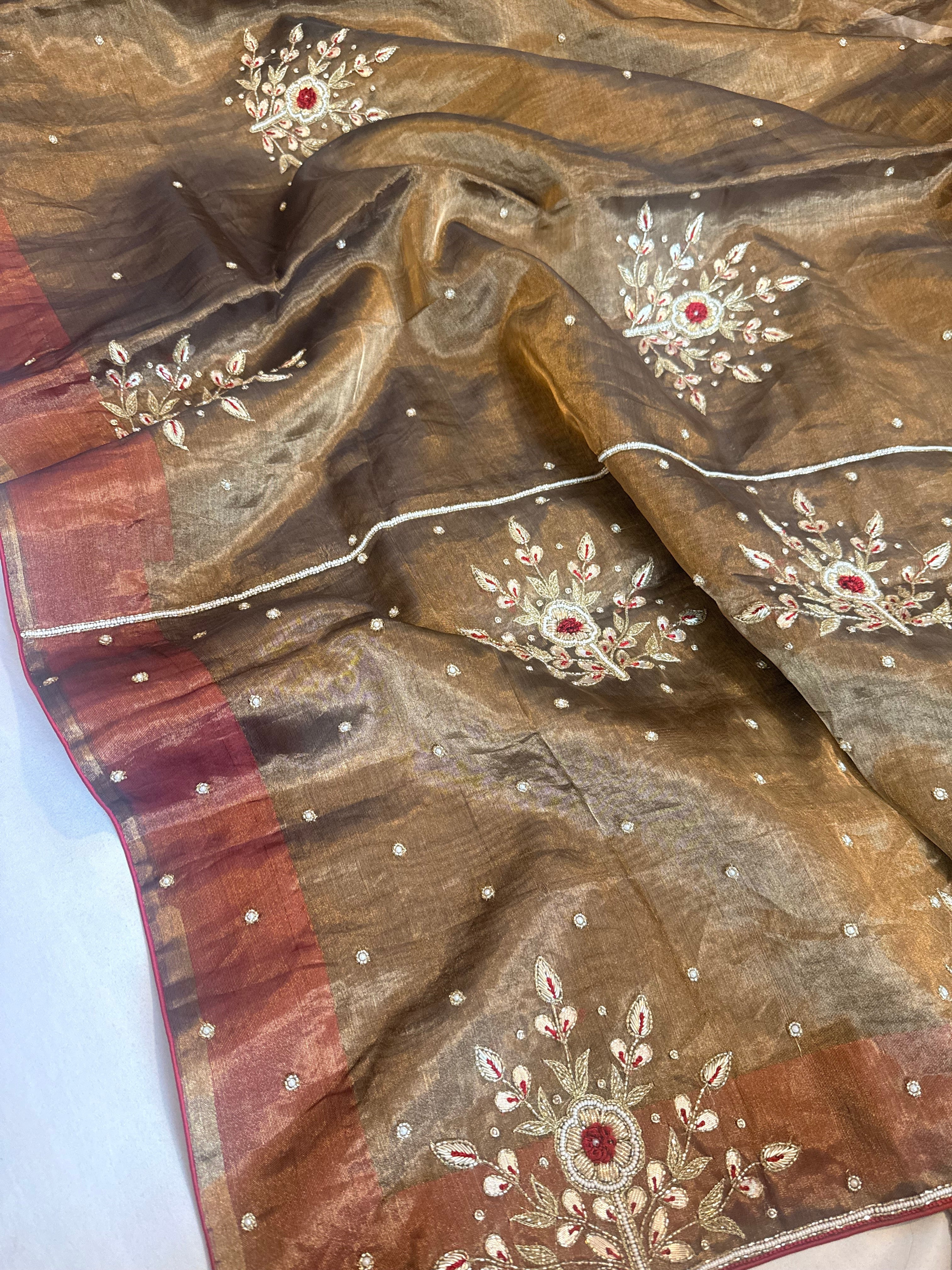 Antique gold tissue silk flower buta hand embroidered kadhwa saree