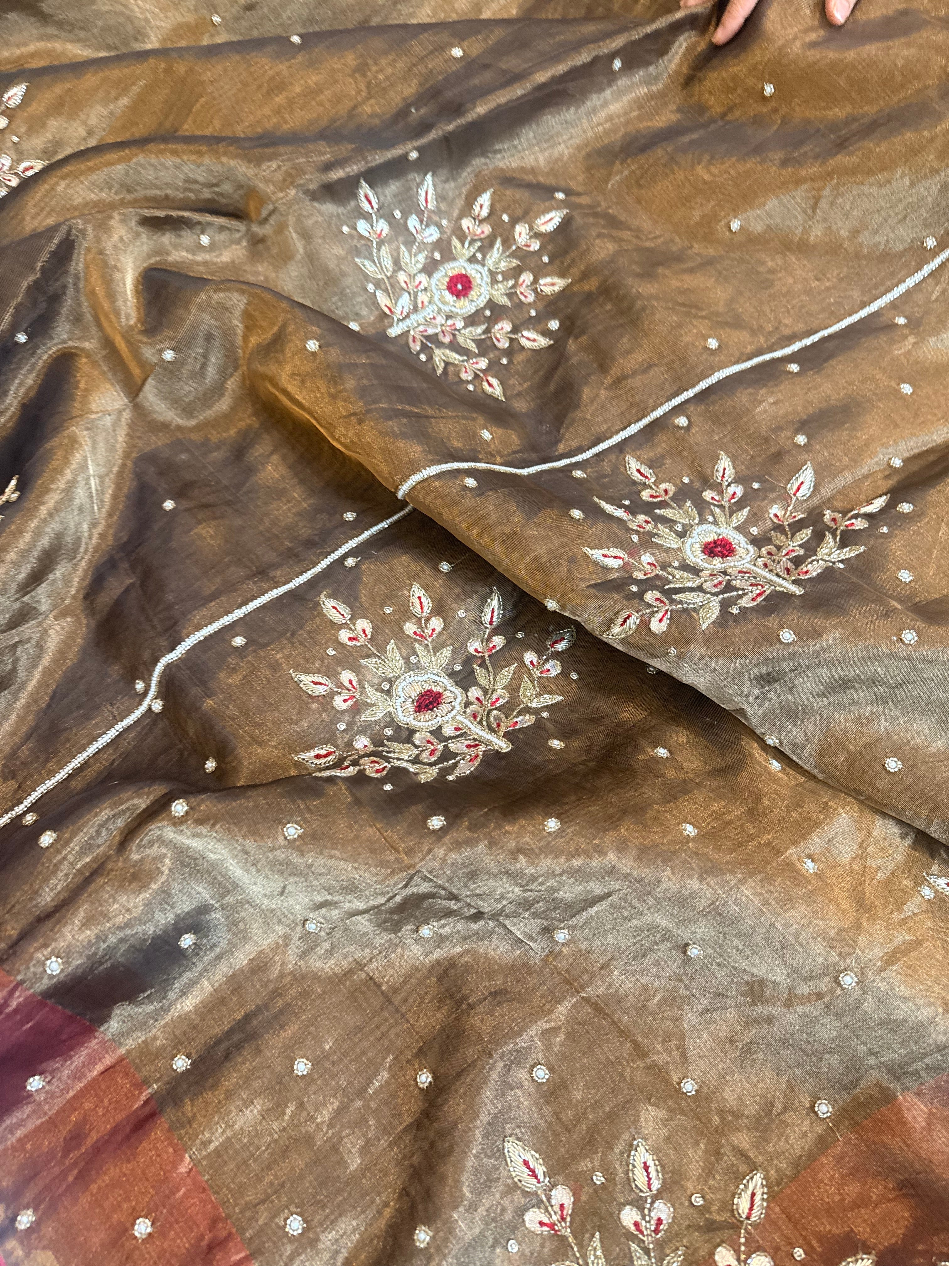 Antique gold tissue silk flower buta hand embroidered kadhwa saree