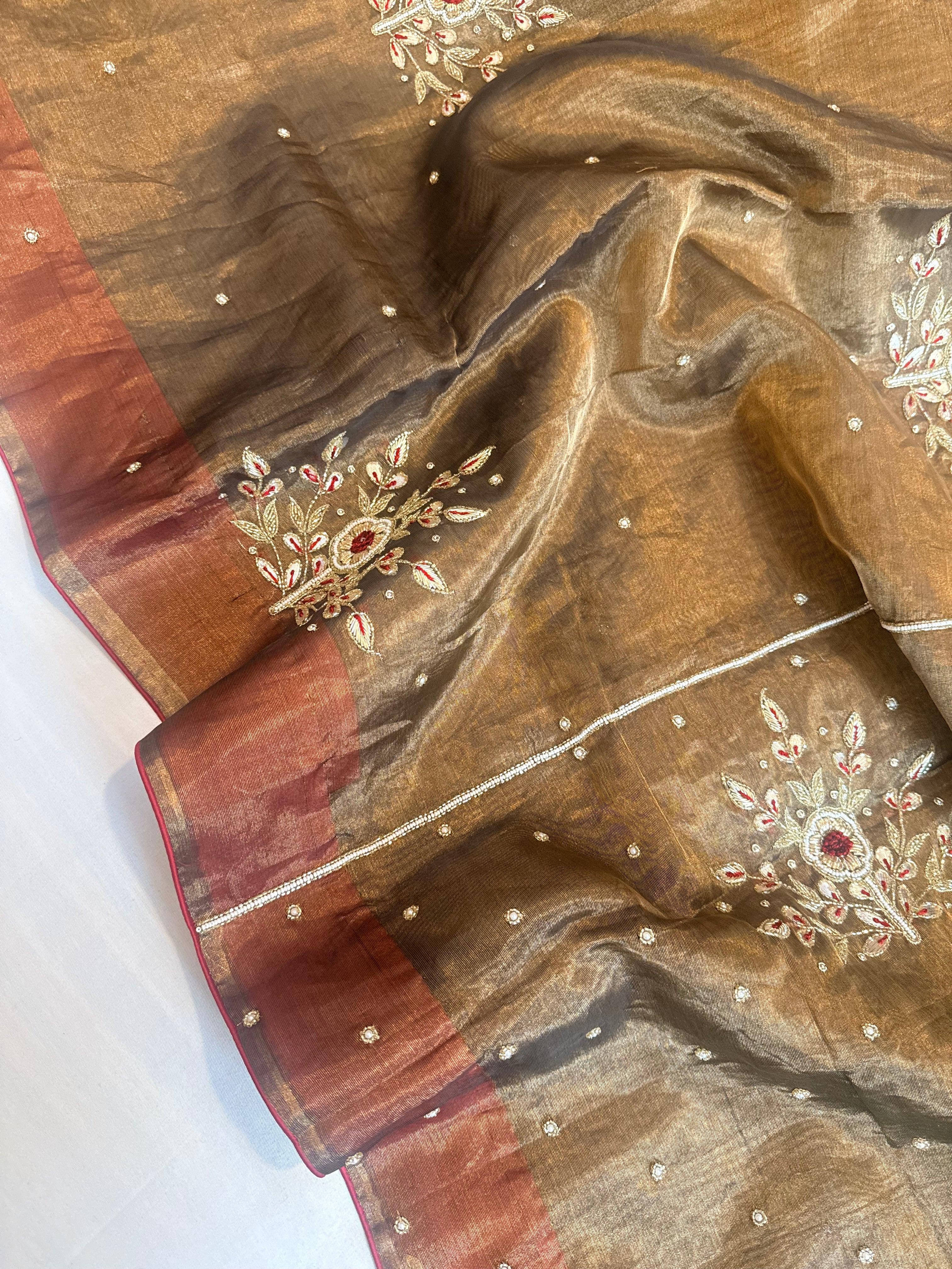 Antique gold tissue silk flower buta hand embroidered kadhwa saree