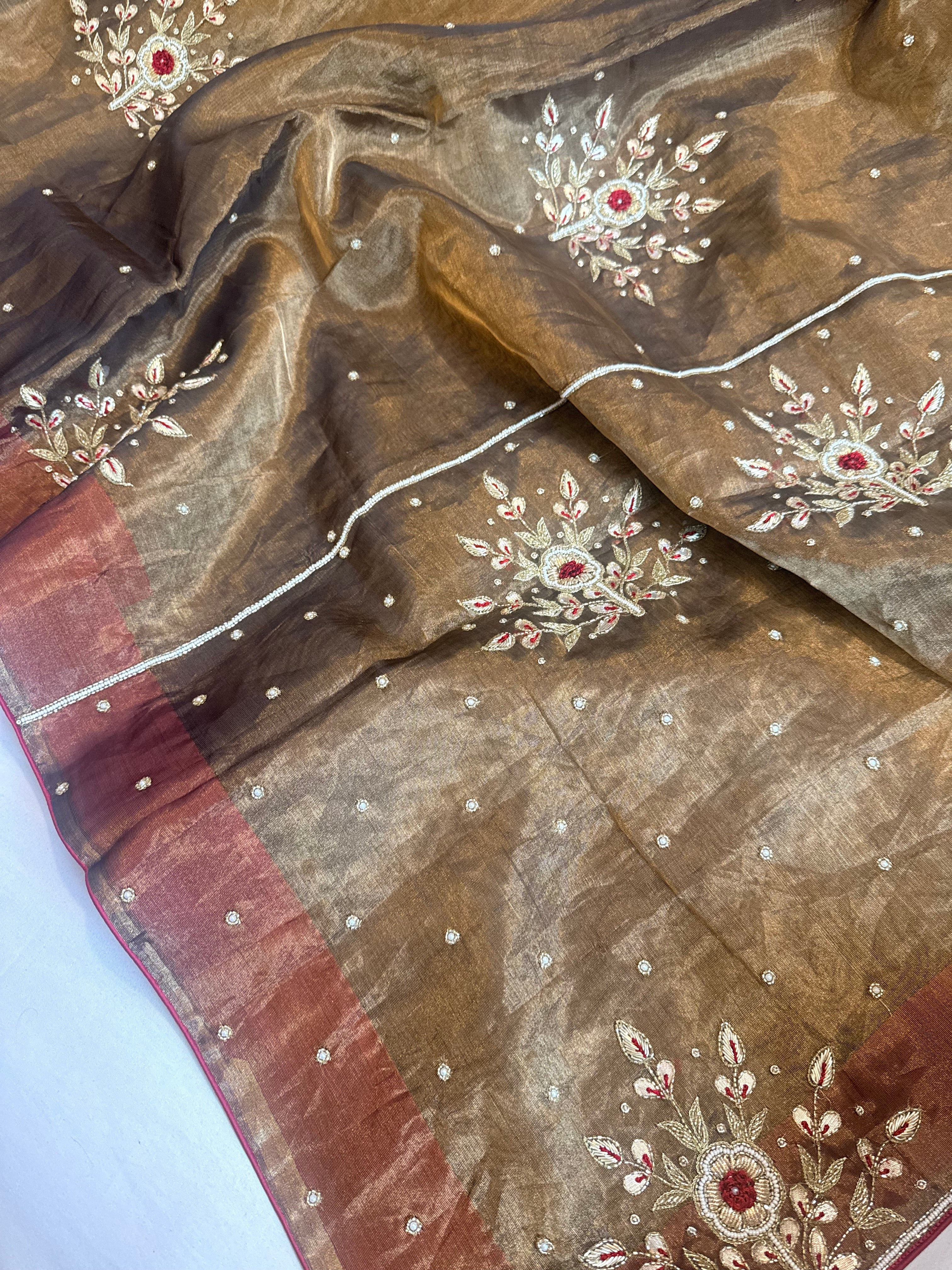 Antique gold tissue silk flower buta hand embroidered kadhwa saree