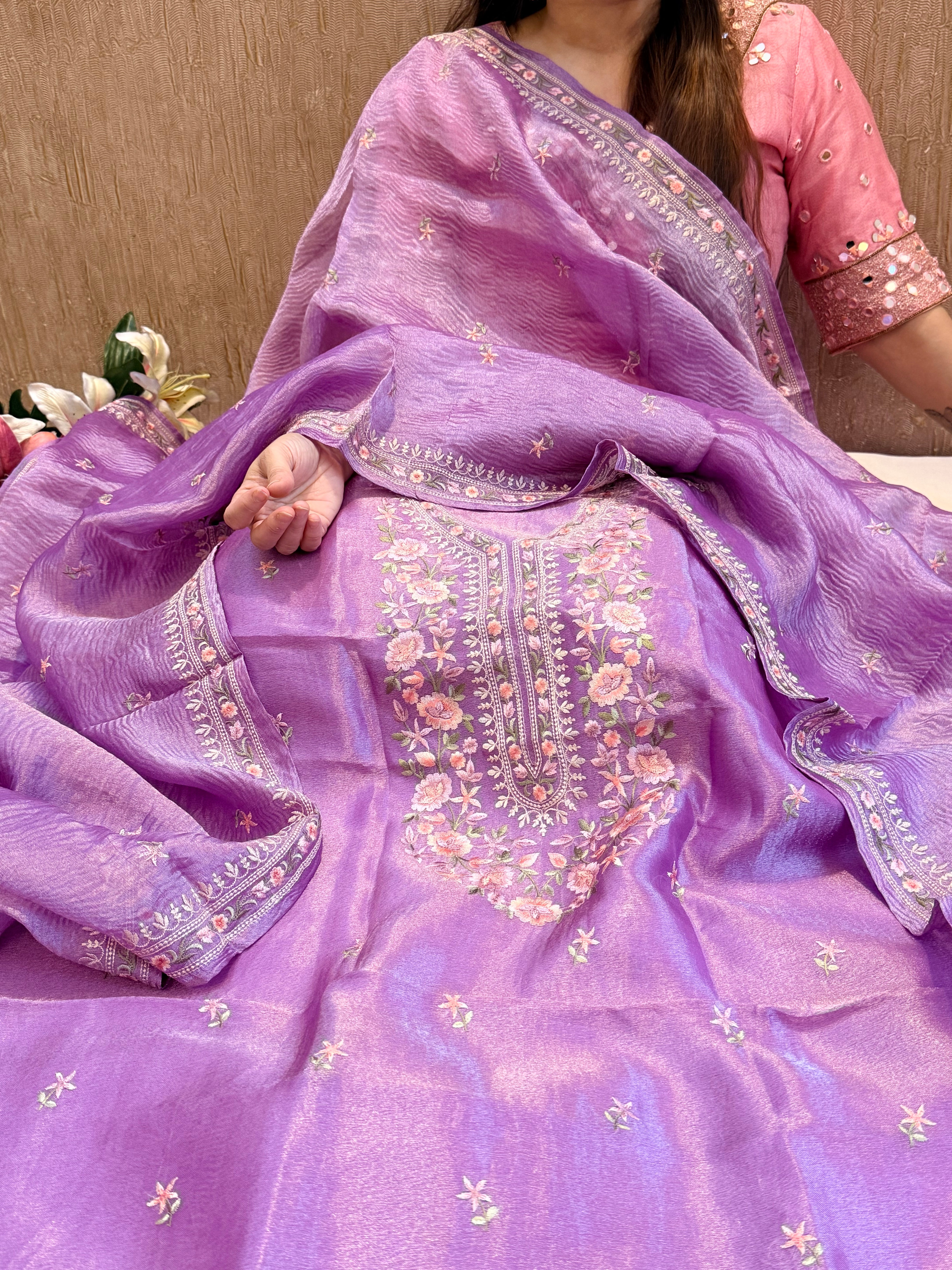 Below 9k - Banarasi tissue silk hand embroidered kadhwa weaving suit sets