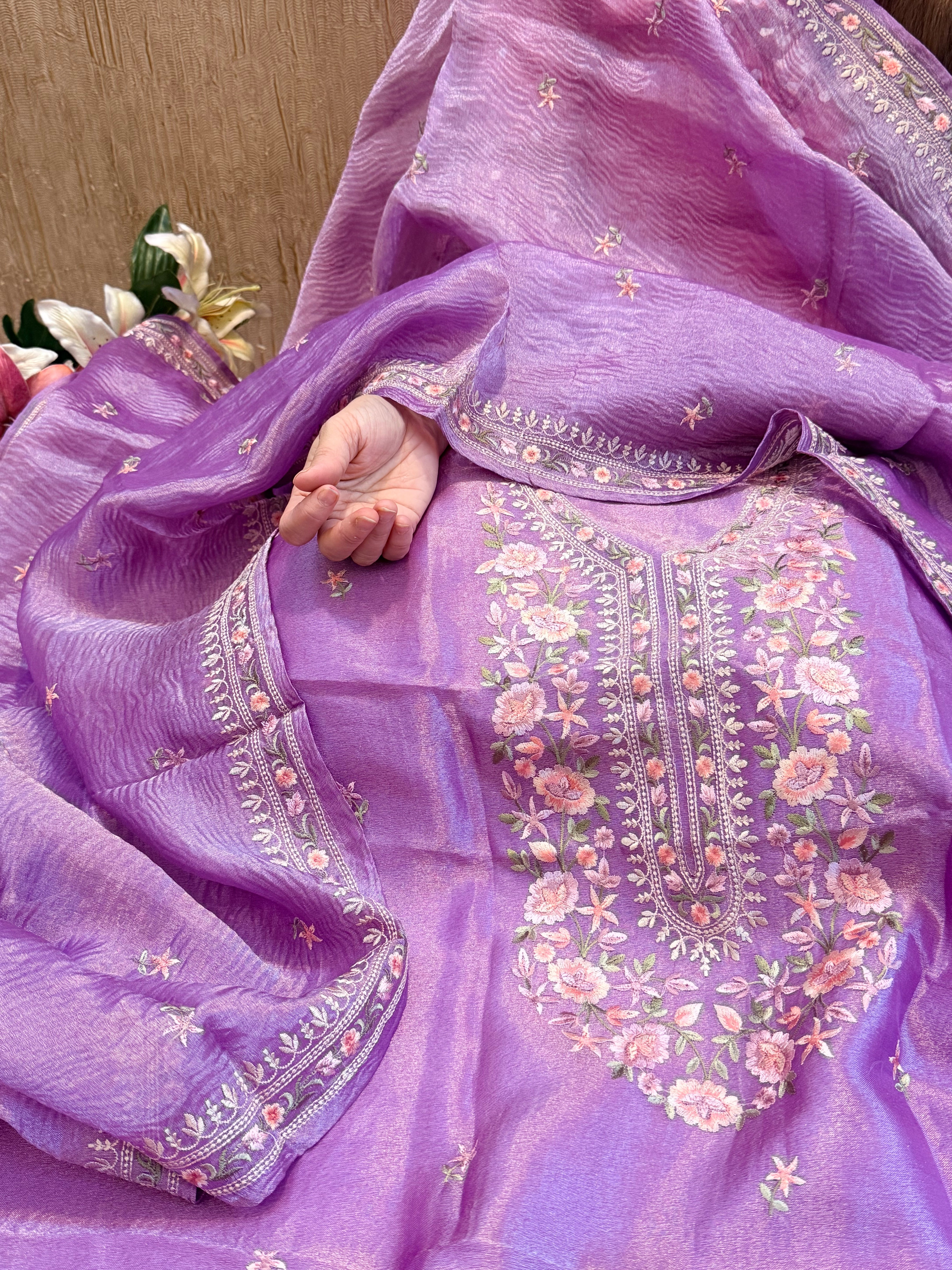 Below 9k - Banarasi tissue silk hand embroidered kadhwa weaving suit sets