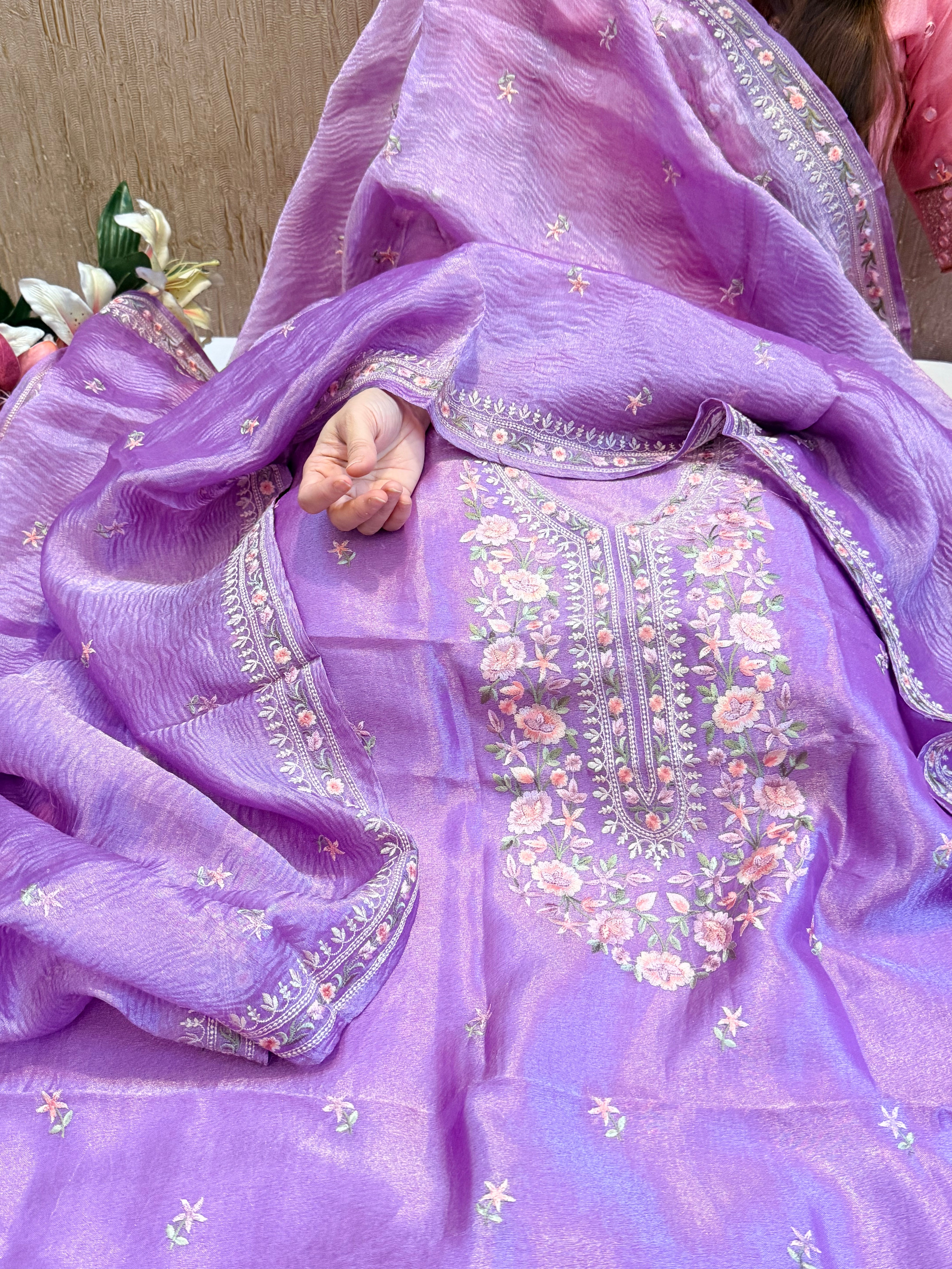 Below 9k - Banarasi tissue silk hand embroidered kadhwa weaving suit sets