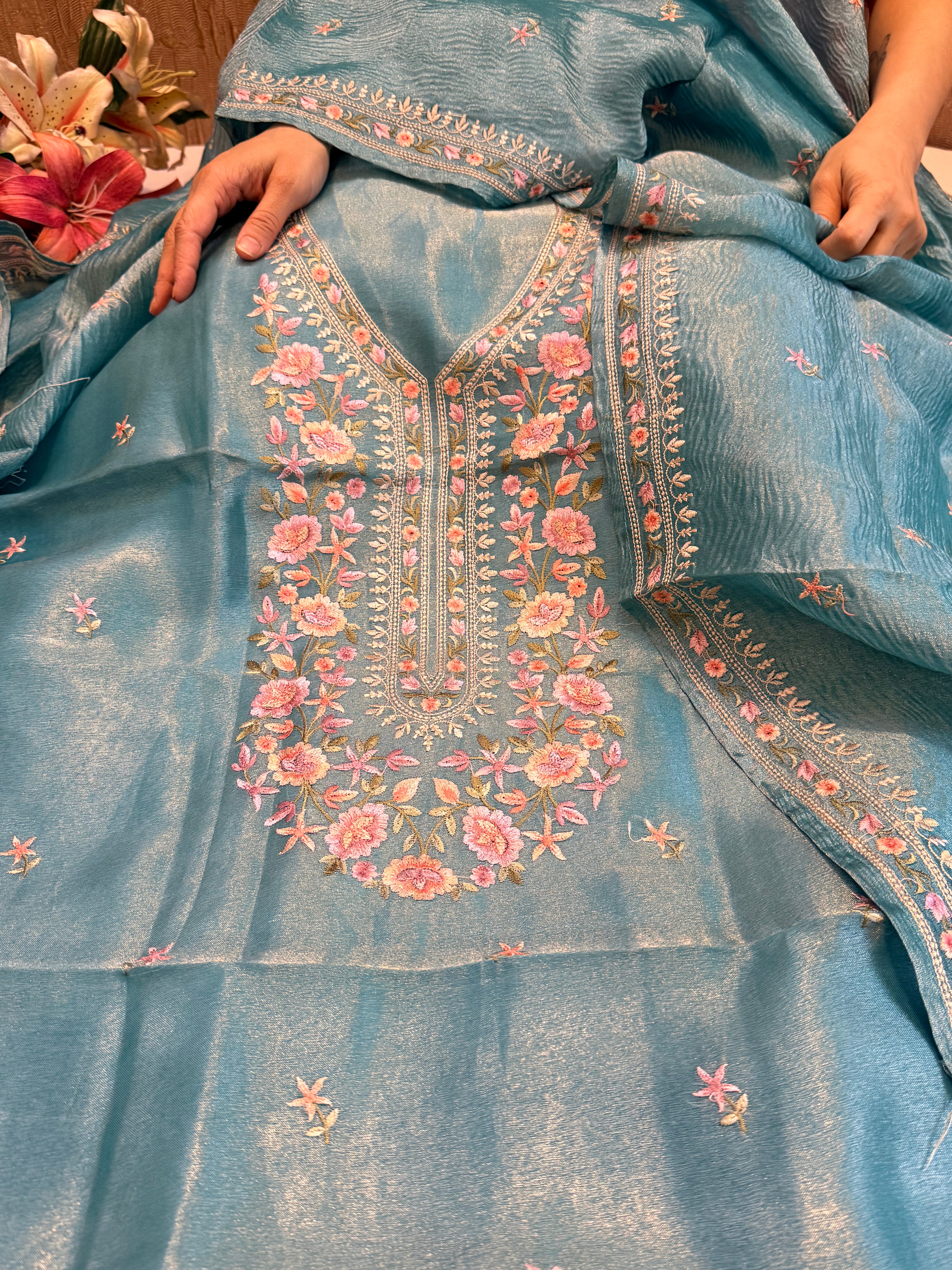 Below 9k - Banarasi tissue silk hand embroidered kadhwa weaving suit sets