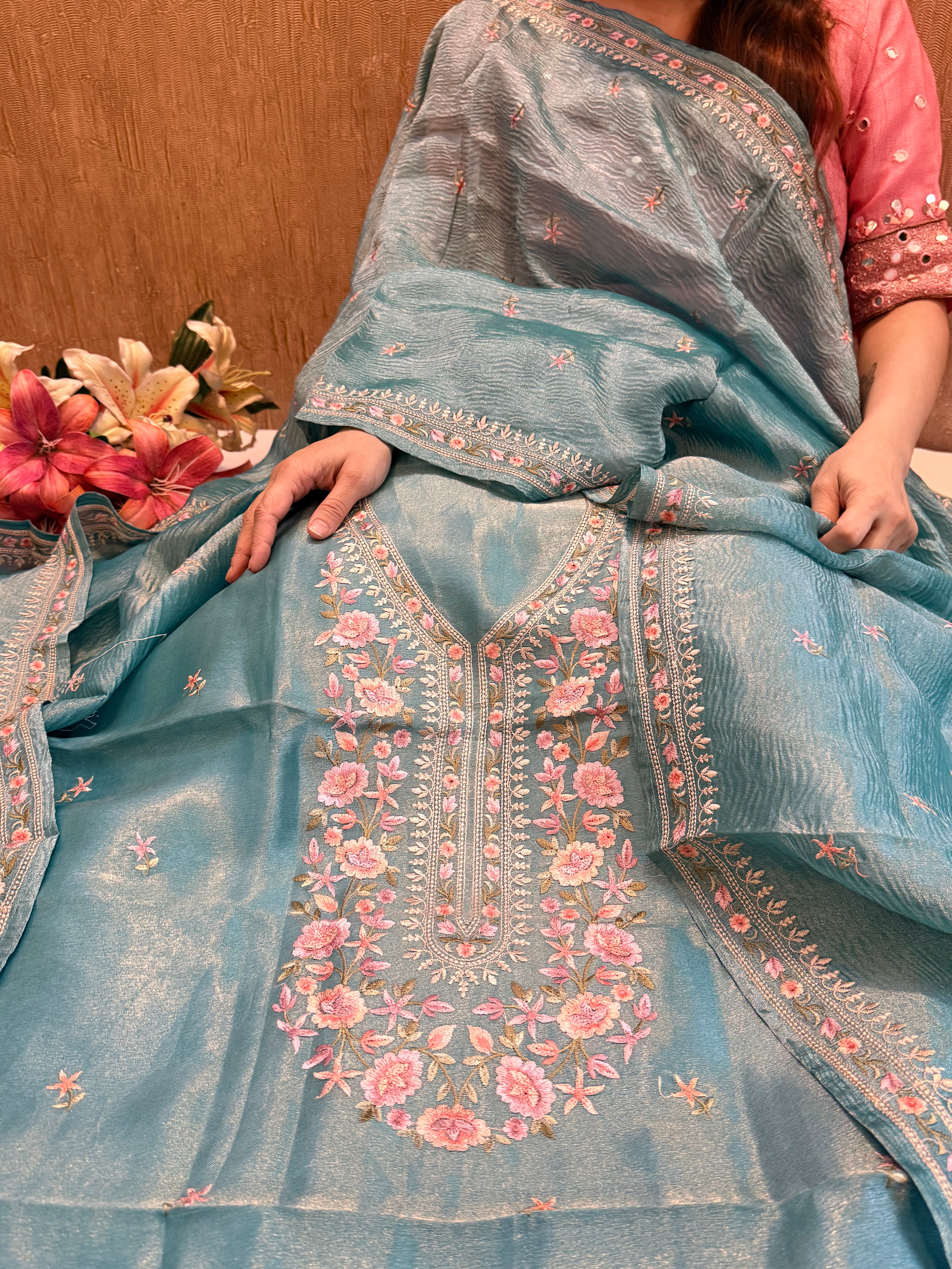 Below 9k - Banarasi tissue silk hand embroidered kadhwa weaving suit sets