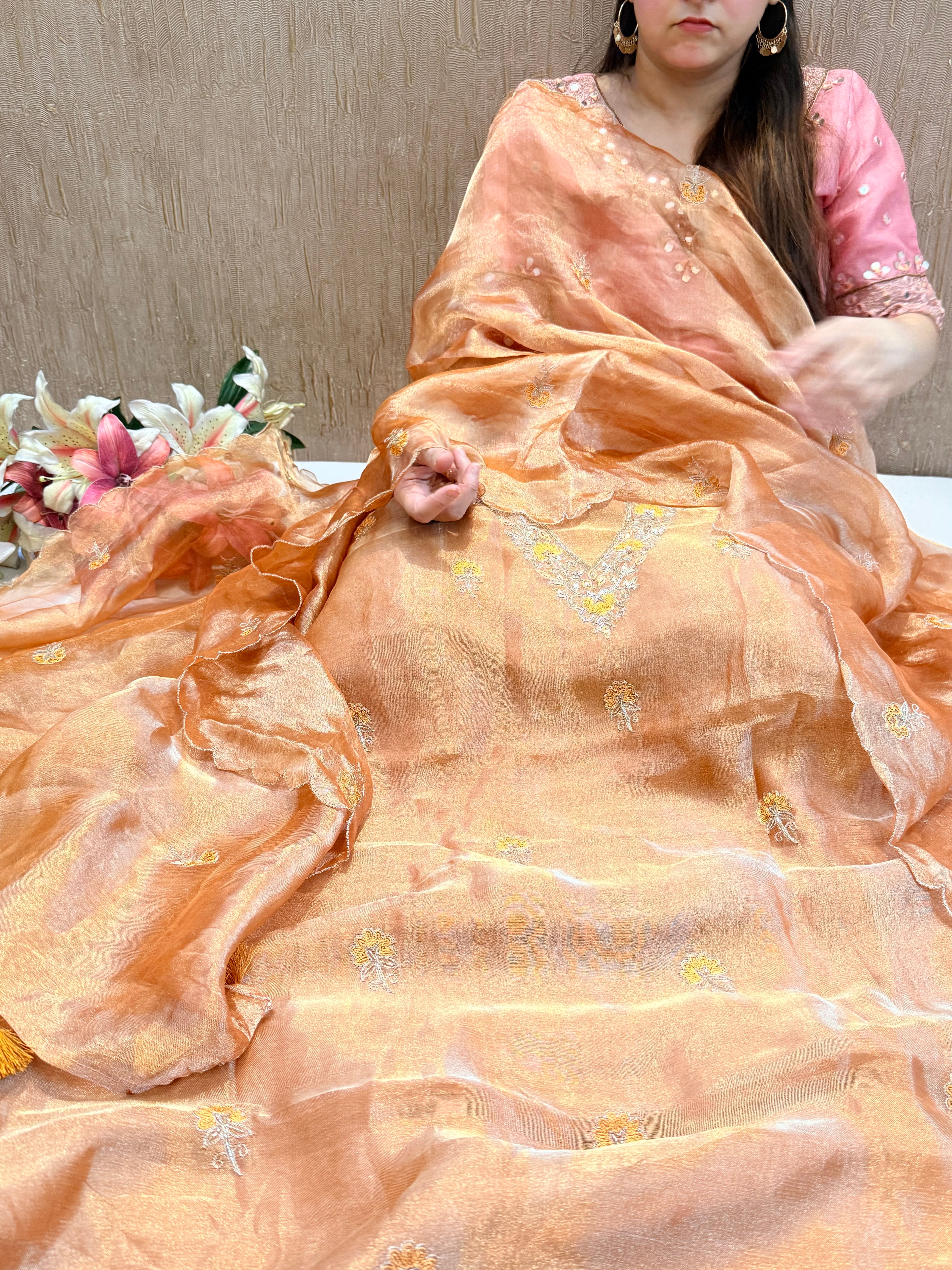 Below 9k - Banarasi tissue silk hand embroidered kadhwa weaving suit sets