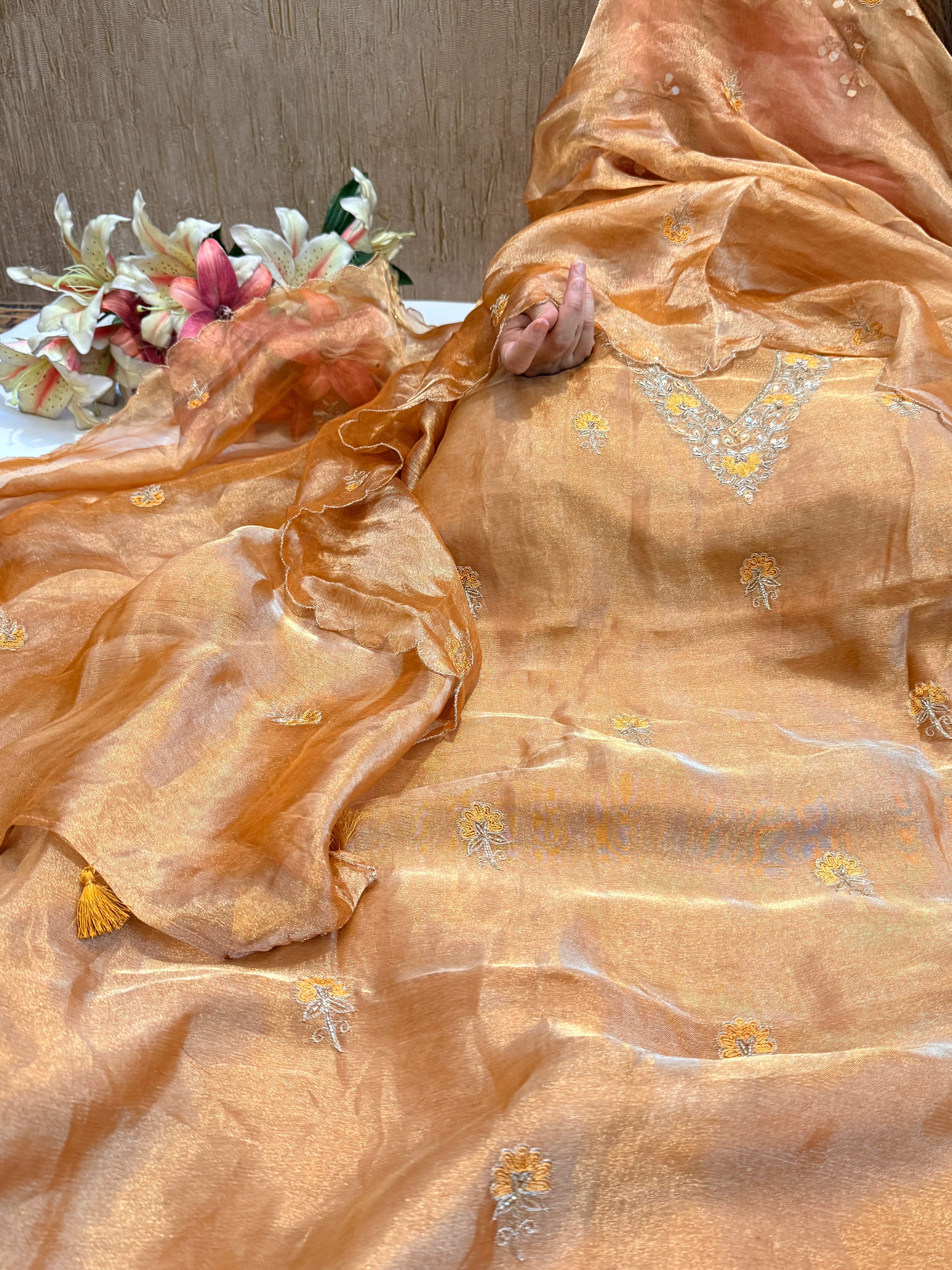 Below 9k - Banarasi tissue silk hand embroidered kadhwa weaving suit sets