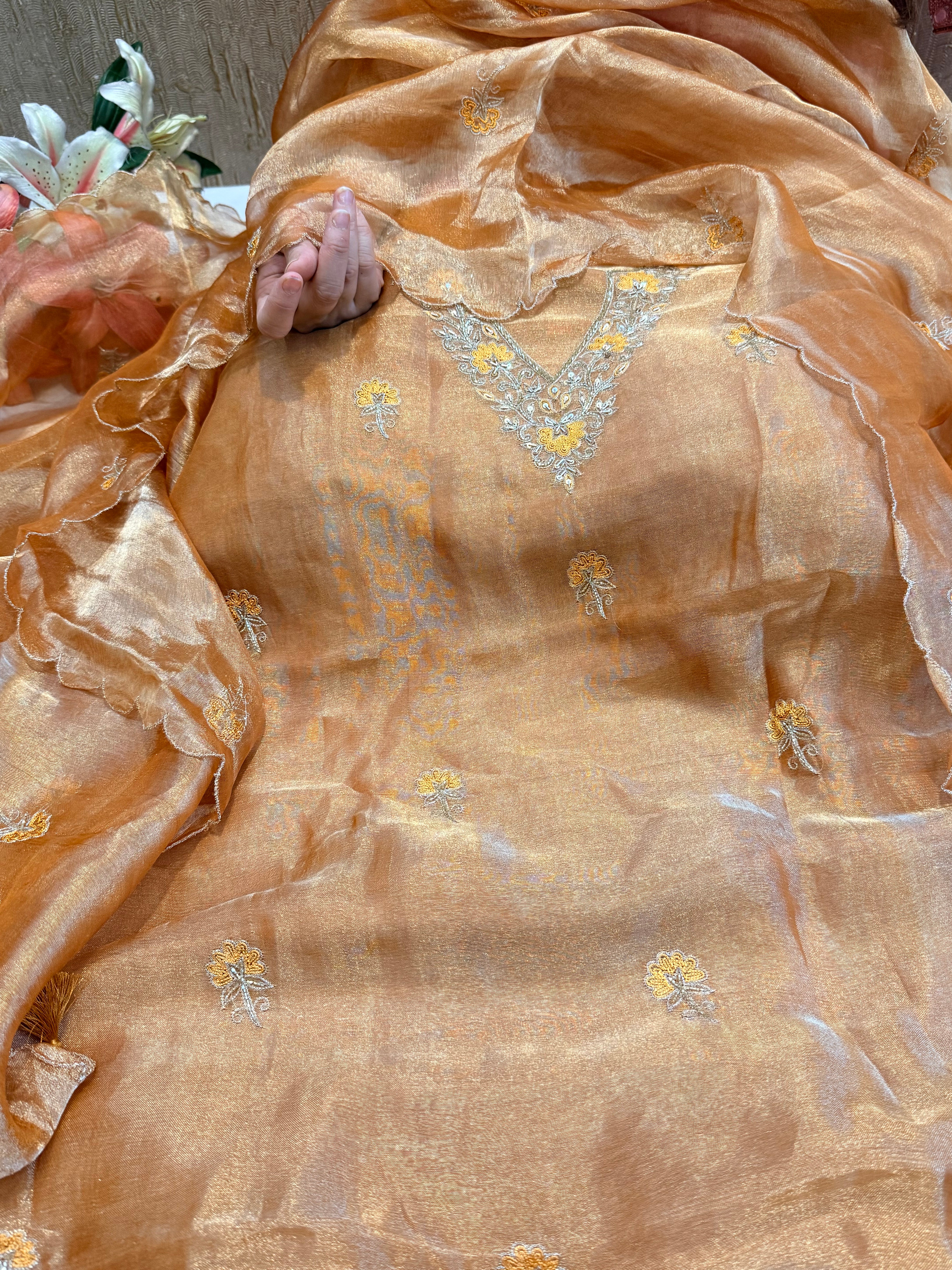 Below 9k - Banarasi tissue silk hand embroidered kadhwa weaving suit sets