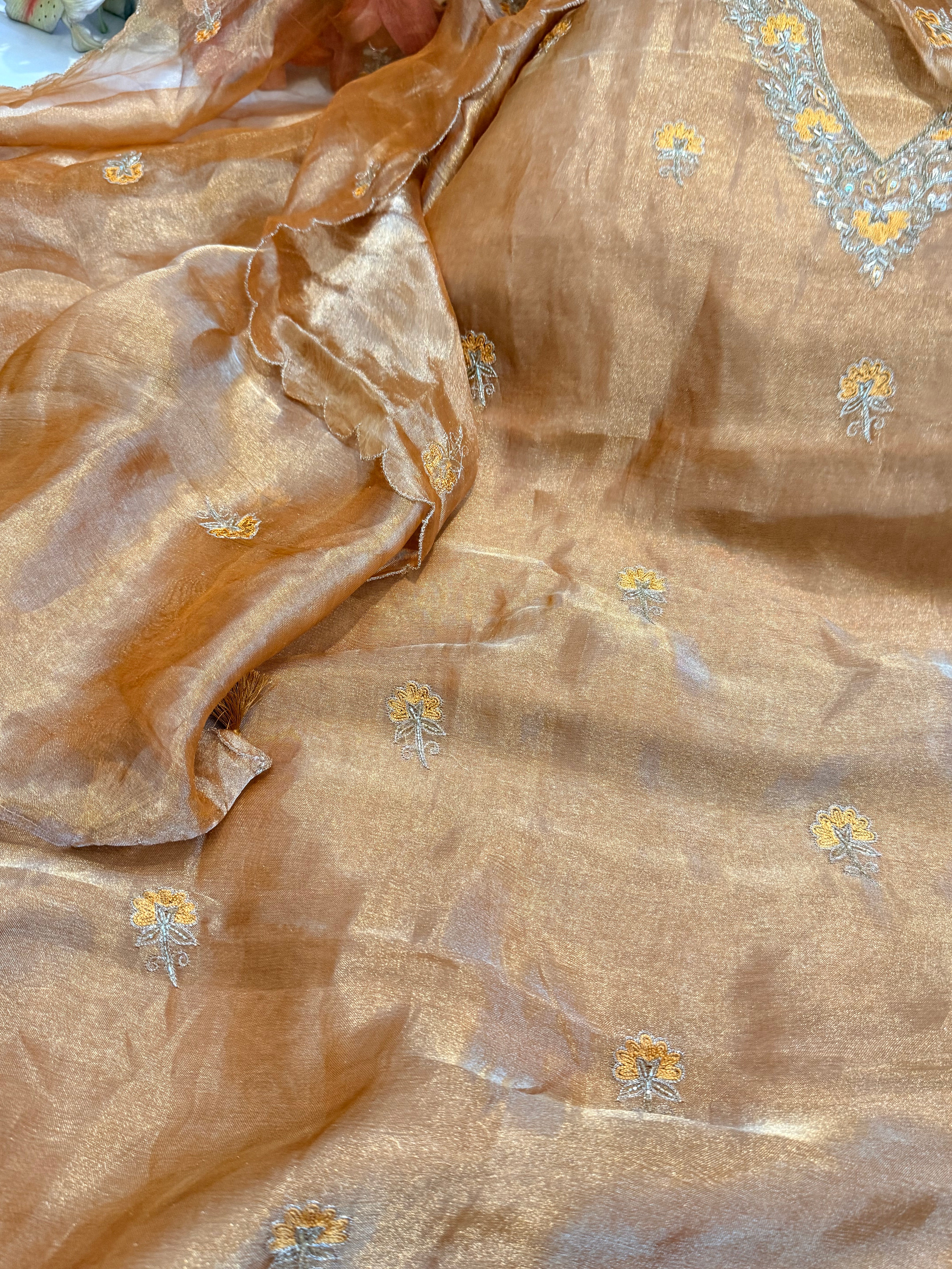 Below 9k - Banarasi tissue silk hand embroidered kadhwa weaving suit sets