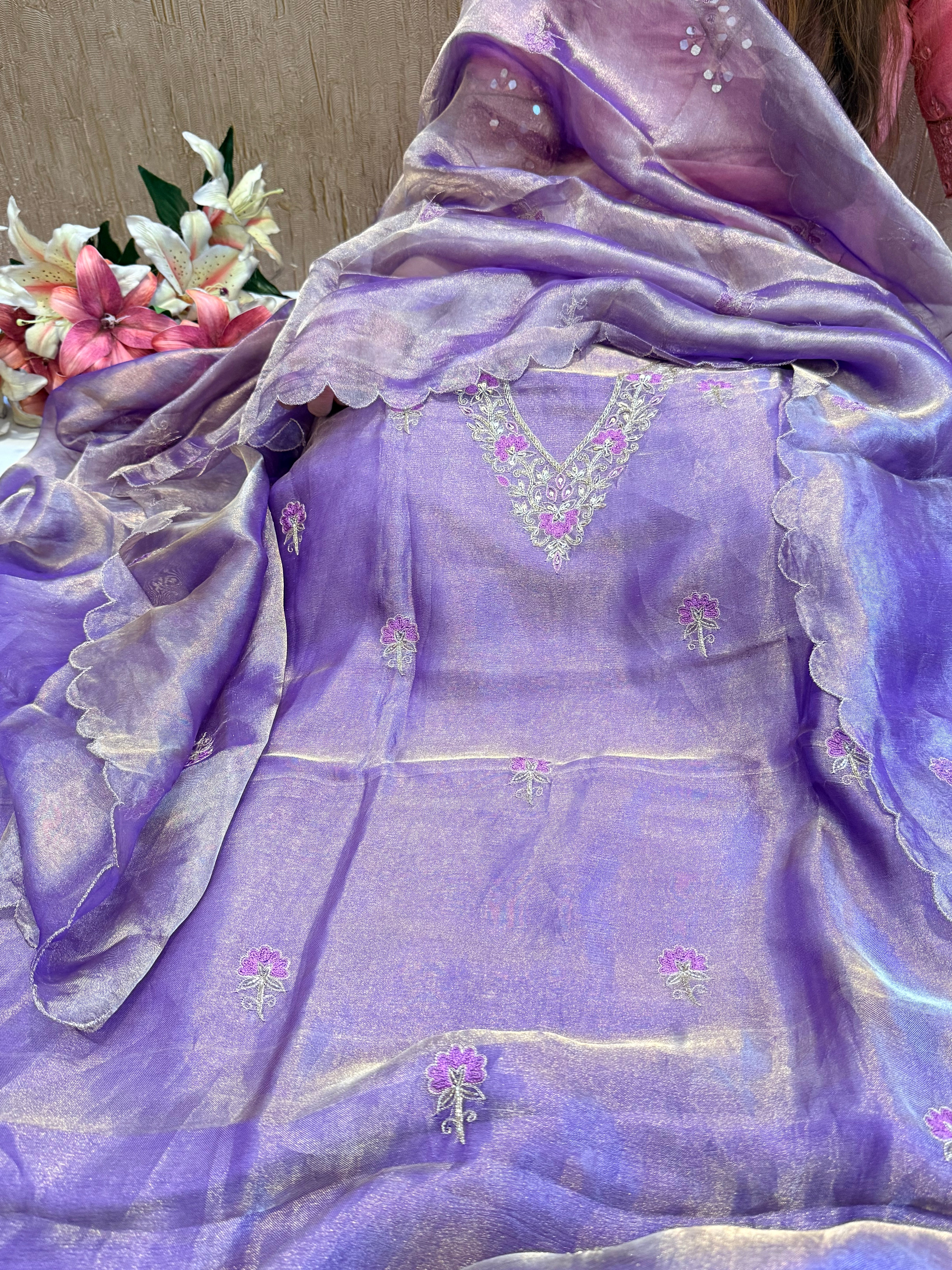 Below 9k - Banarasi tissue silk hand embroidered kadhwa weaving suit sets