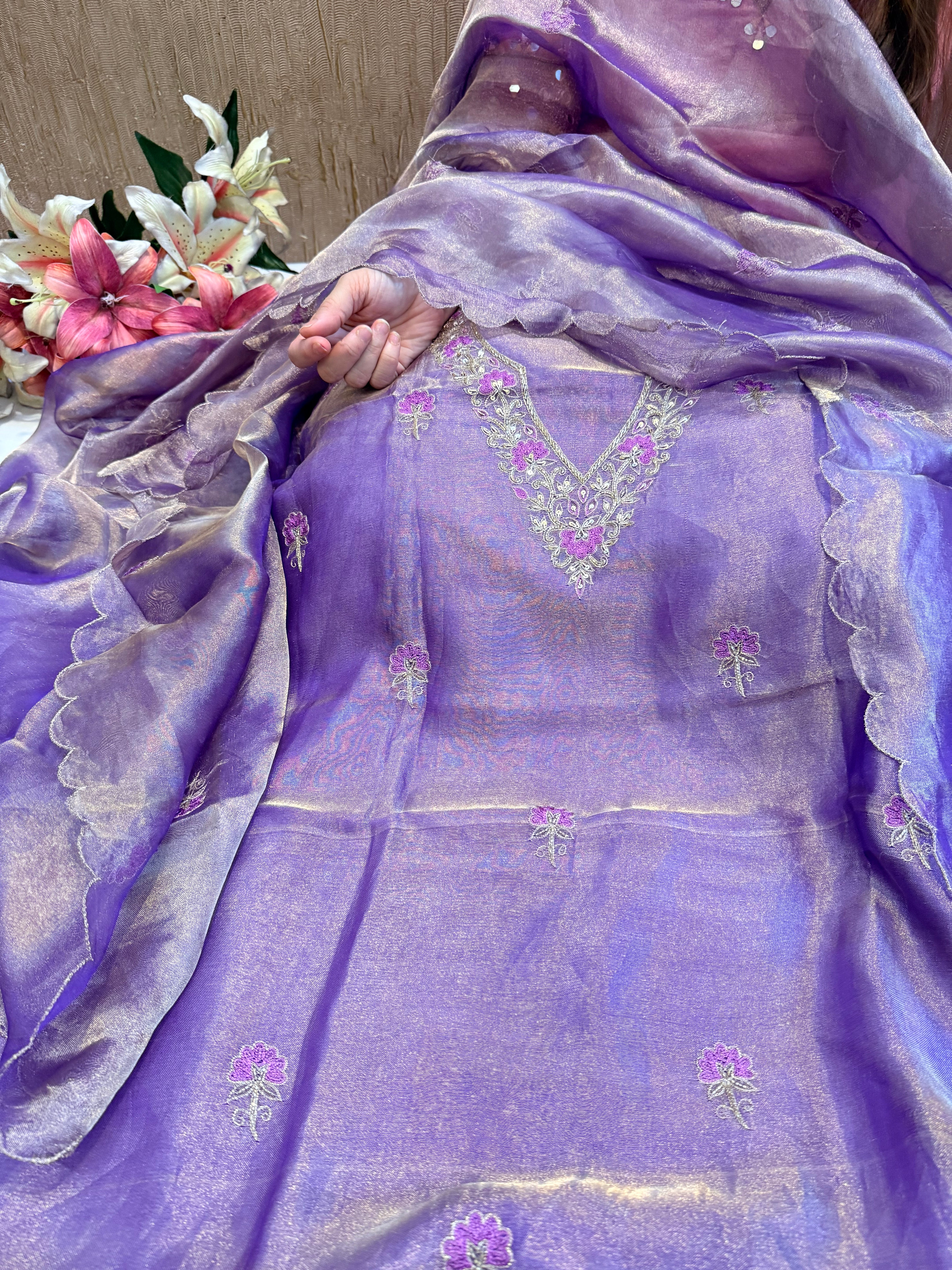 Below 9k - Banarasi tissue silk hand embroidered kadhwa weaving suit sets