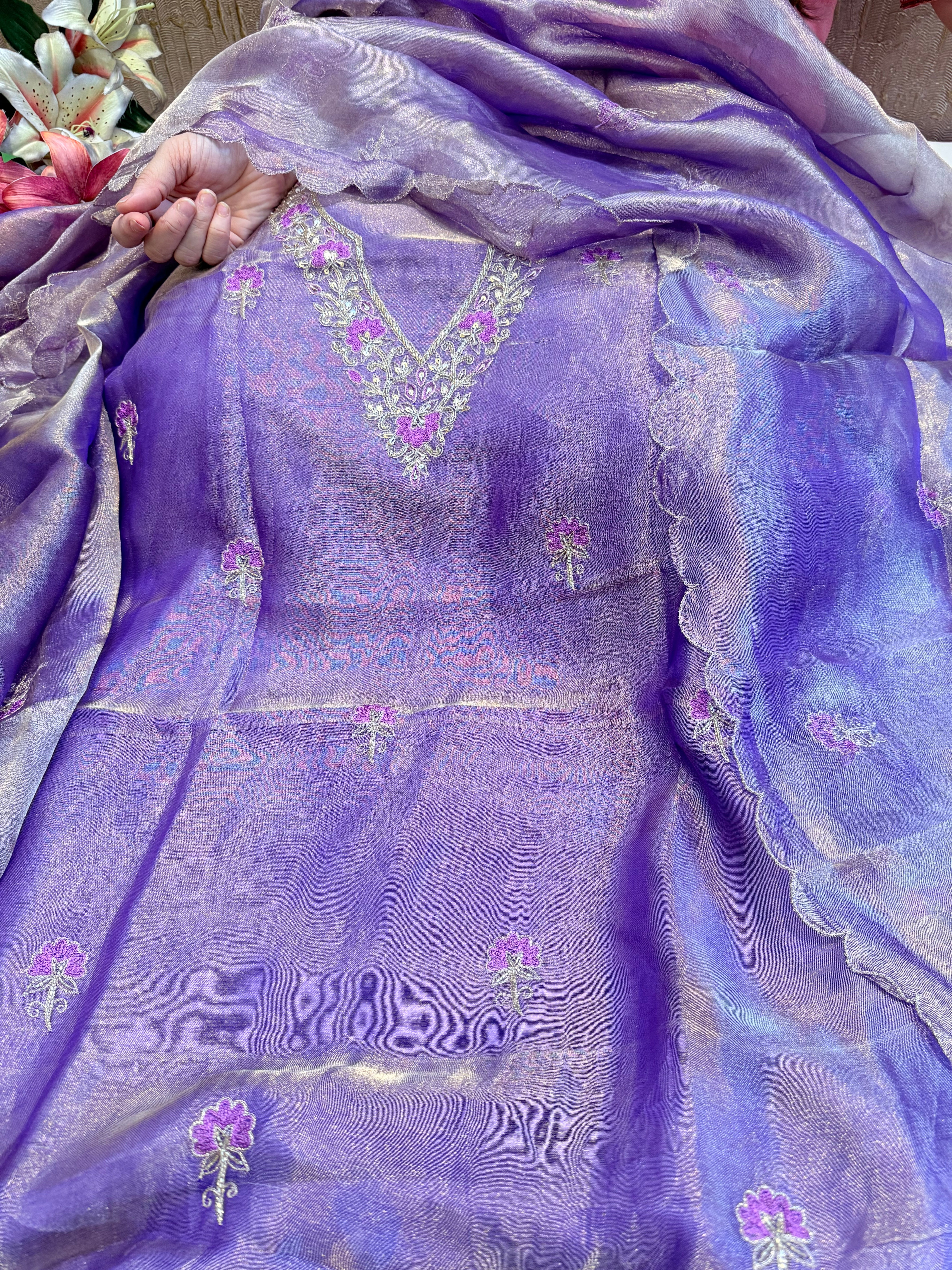 Below 9k - Banarasi tissue silk hand embroidered kadhwa weaving suit sets