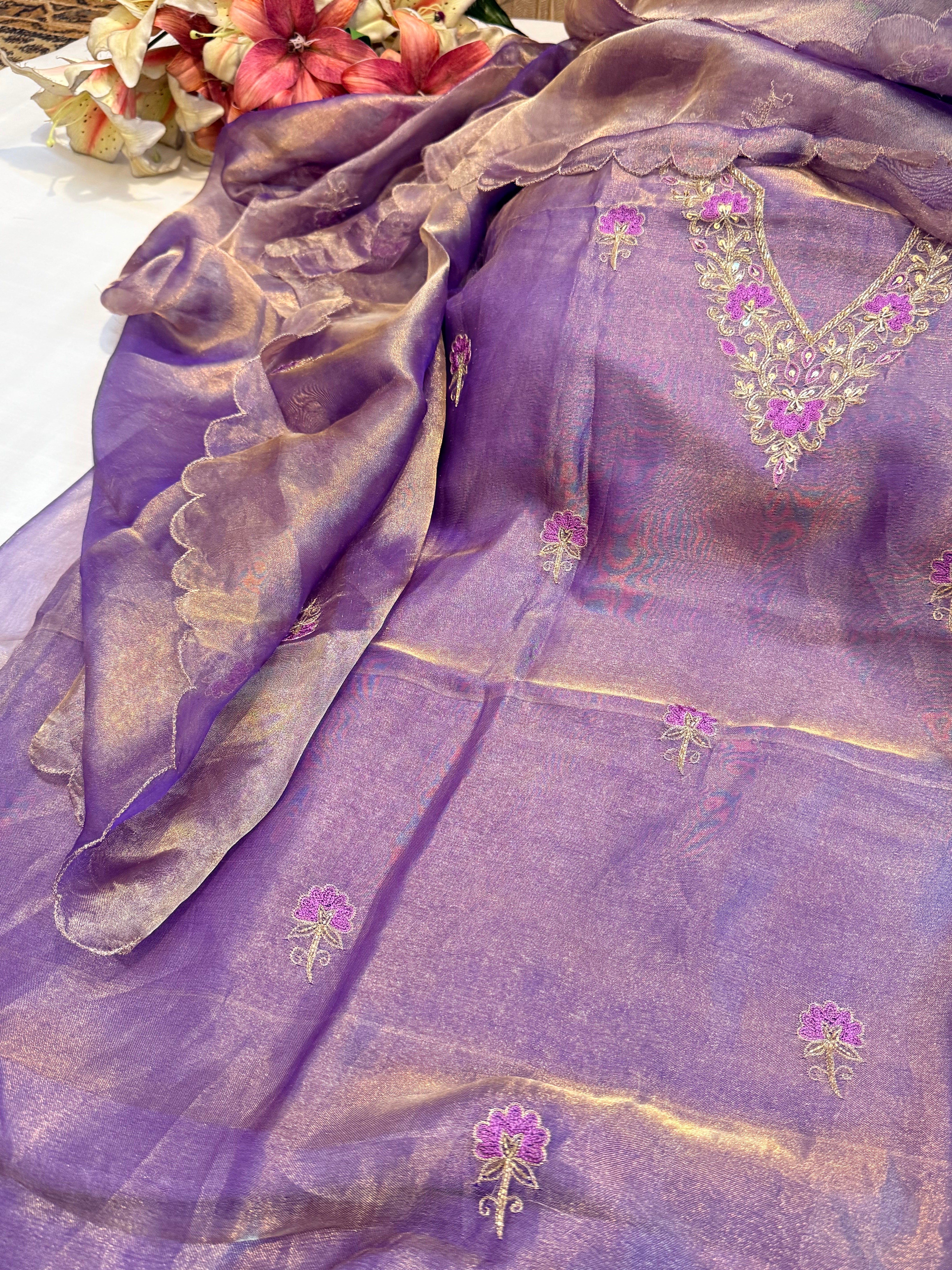 Below 9k - Banarasi tissue silk hand embroidered kadhwa weaving suit sets