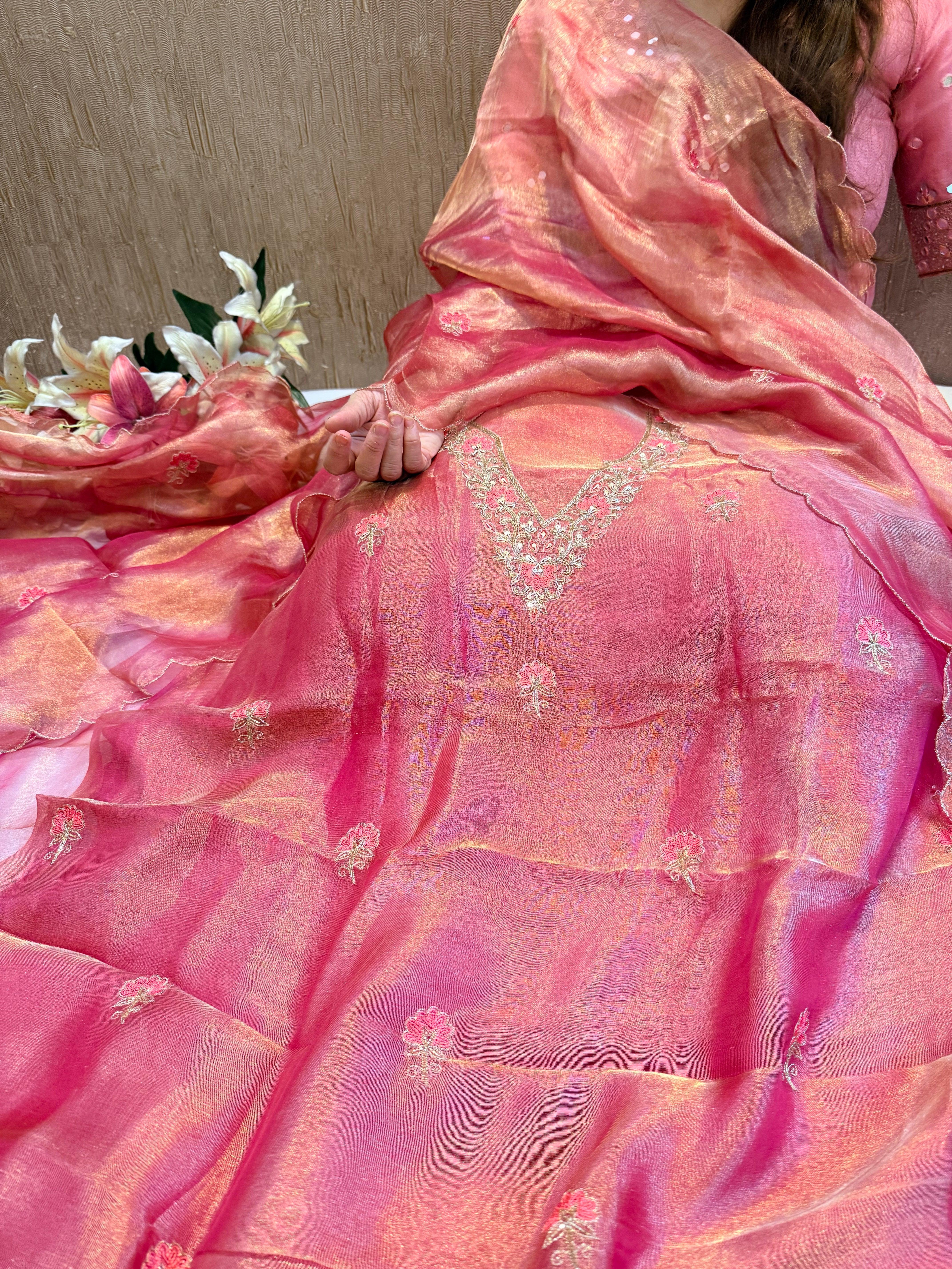 Below 9k - Banarasi tissue silk hand embroidered kadhwa weaving suit sets