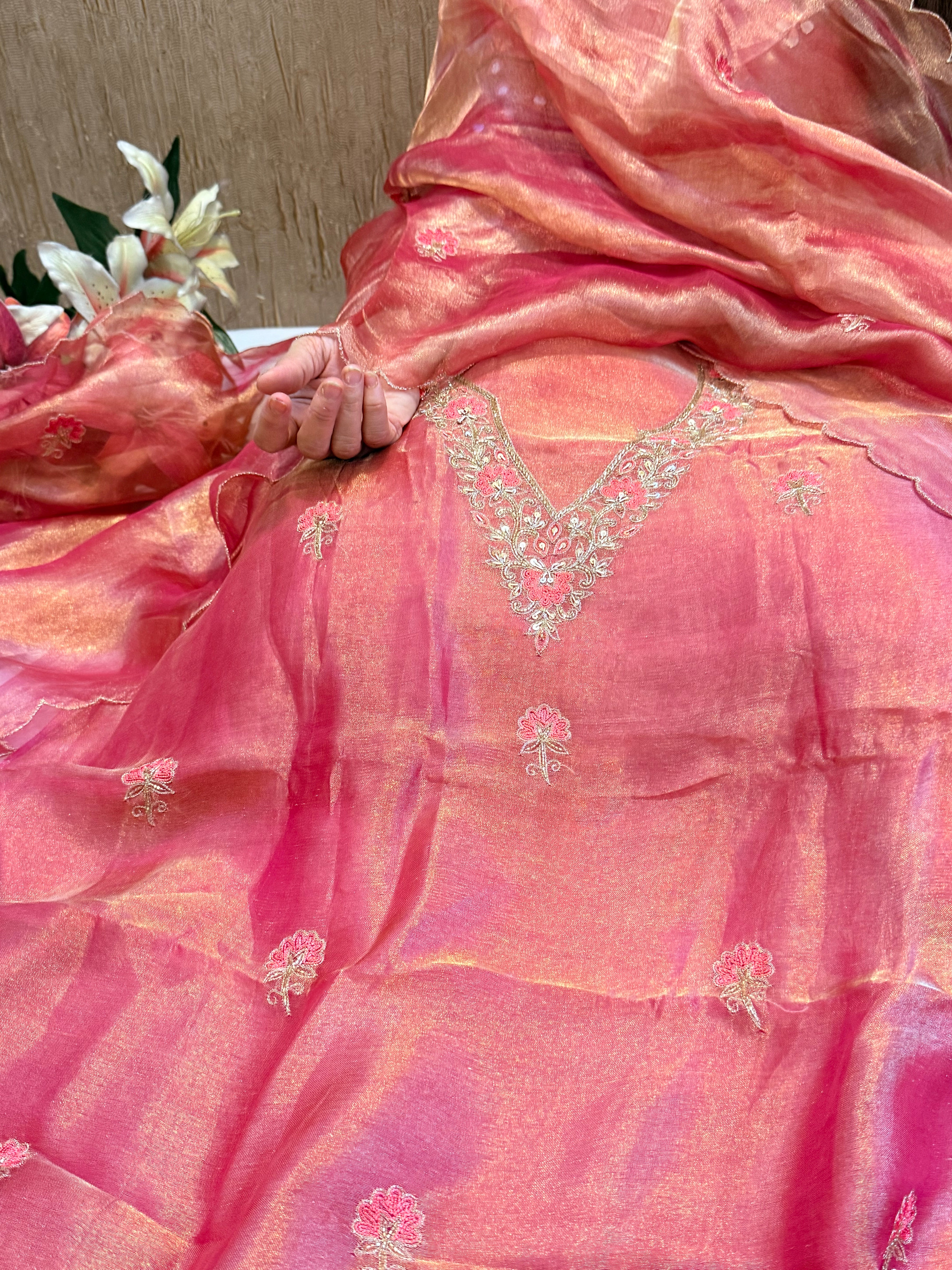 Below 9k - Banarasi tissue silk hand embroidered kadhwa weaving suit sets