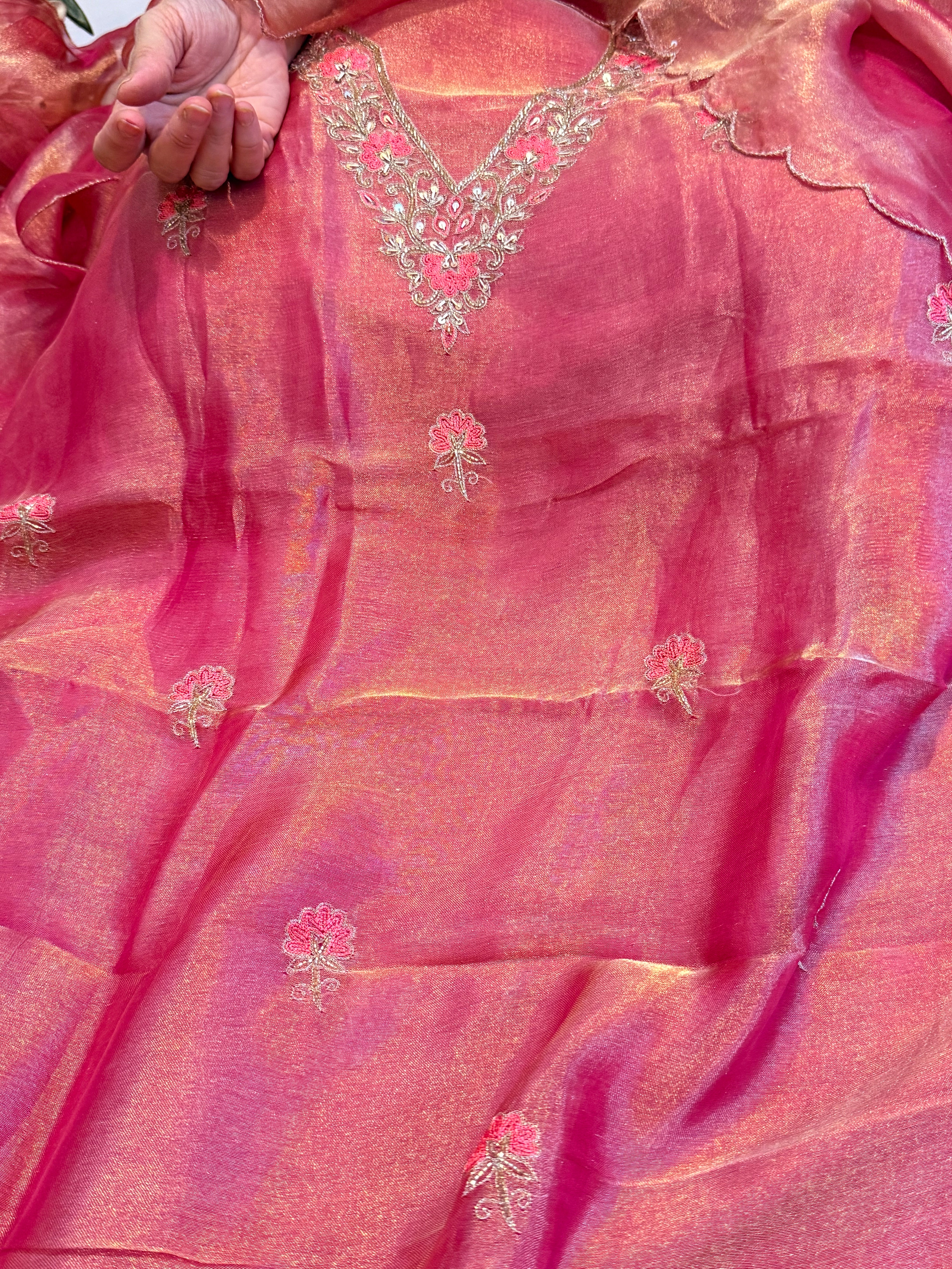 Below 9k - Banarasi tissue silk hand embroidered kadhwa weaving suit sets
