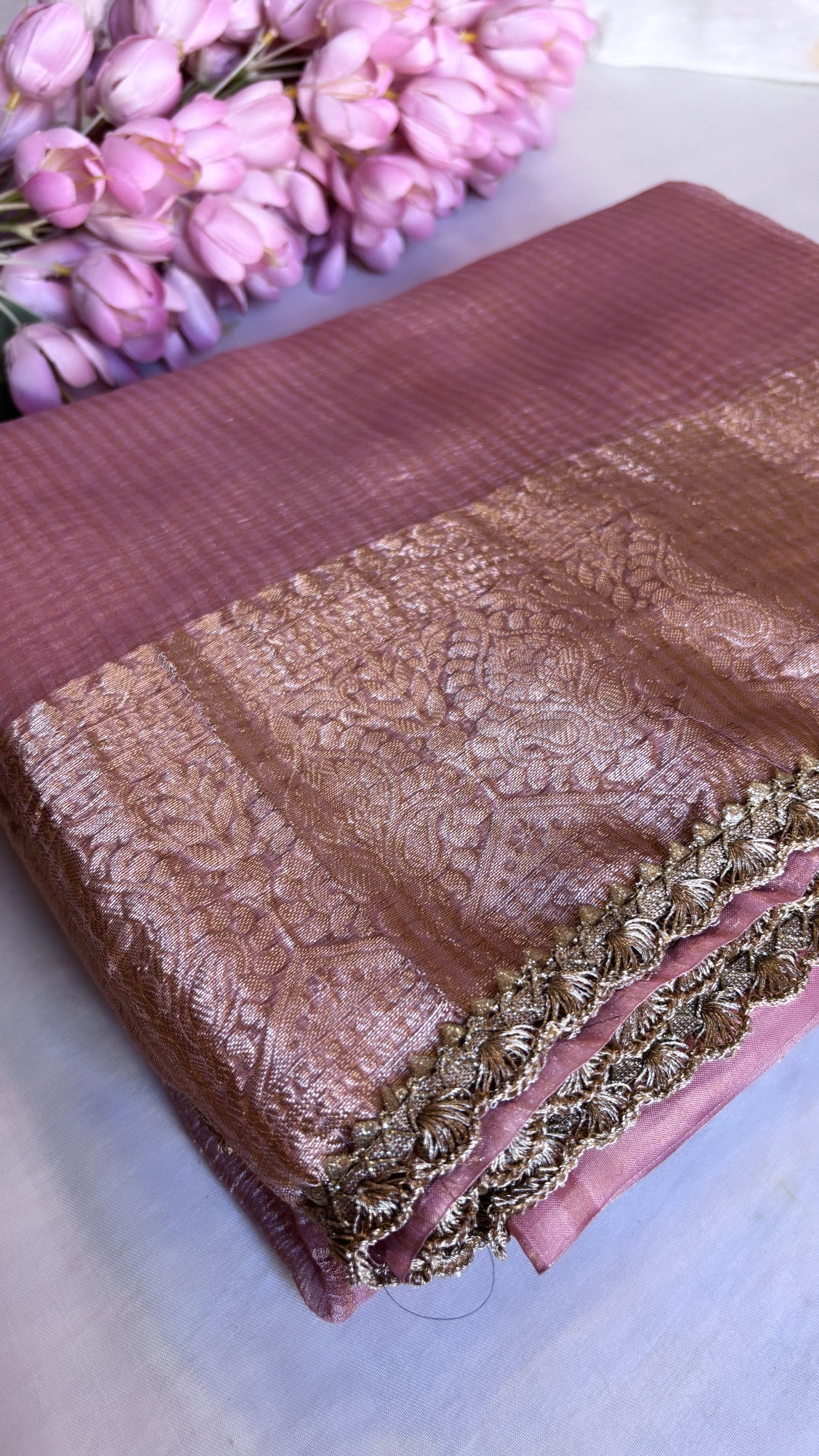 Safety Pins Peach crushed tissue silk handwoven saree